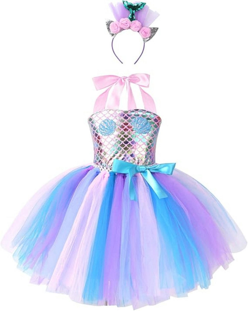 UE Stock Kostüm Meerjungfrau Kostüm Kleid mit Blumen Stirnband und Kette Gr. 8-9 Jahre, für einen märchenhaften Look
