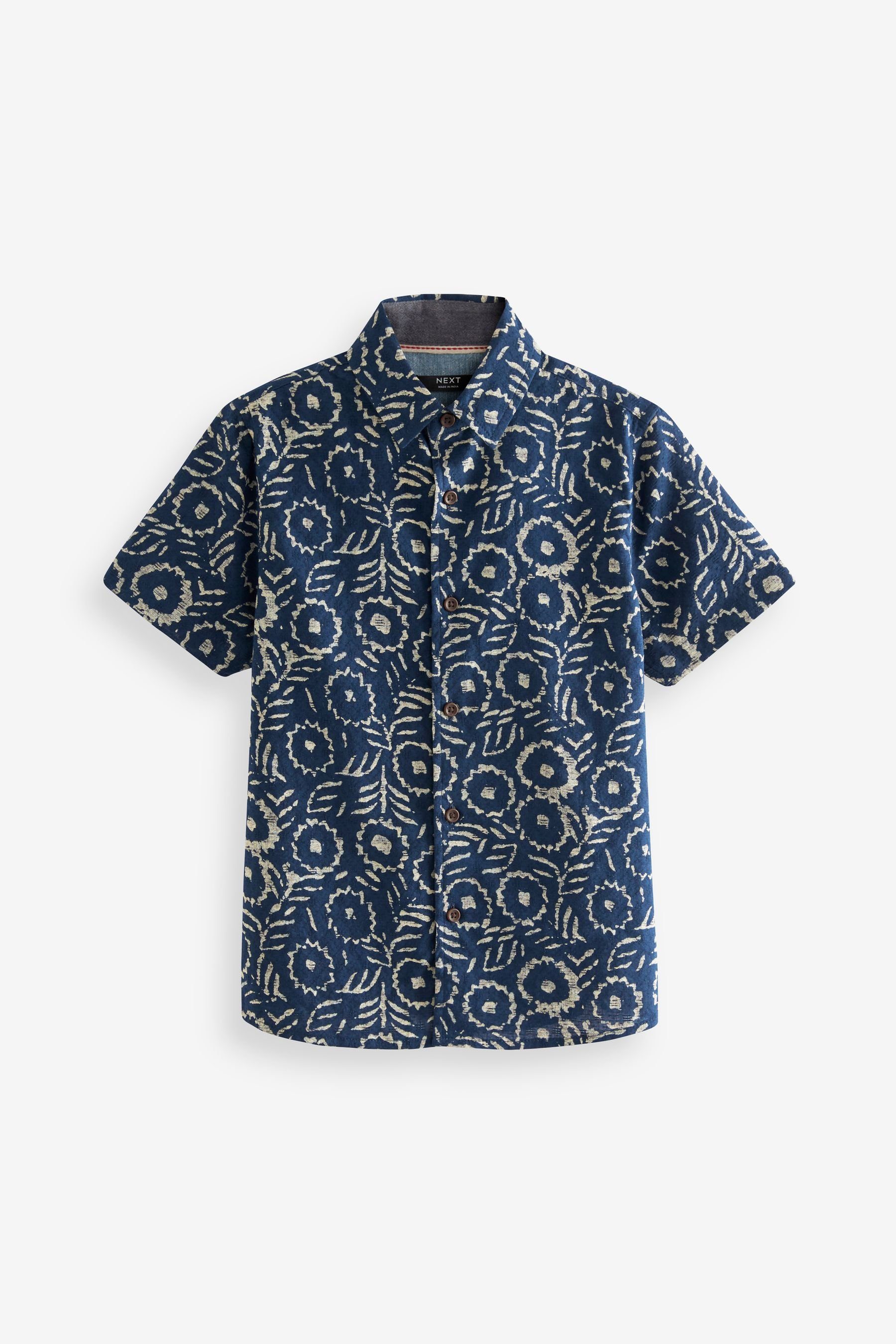 Next Kurzarmhemd Kurzärmliges, bedrucktes Hemd (1-tlg) Indigo Blue