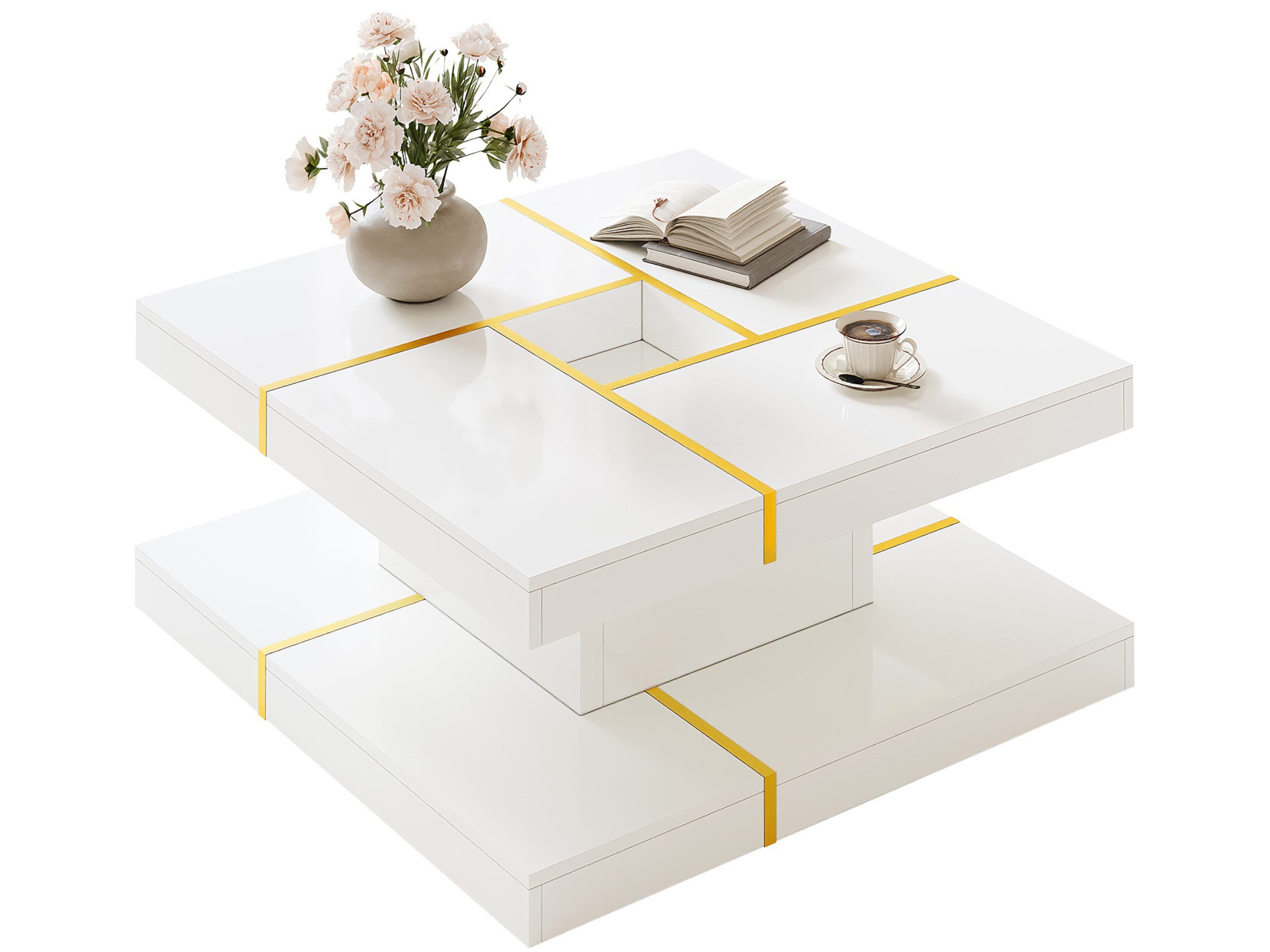 SeedWave Couchtisch Quadratischer Sofatisch mit 2 Ebenen und versenktem Mittelfach (1 Tisch), Wohnzimmertisch mit Mittelsäule, unterer Ablage und Metallleisten