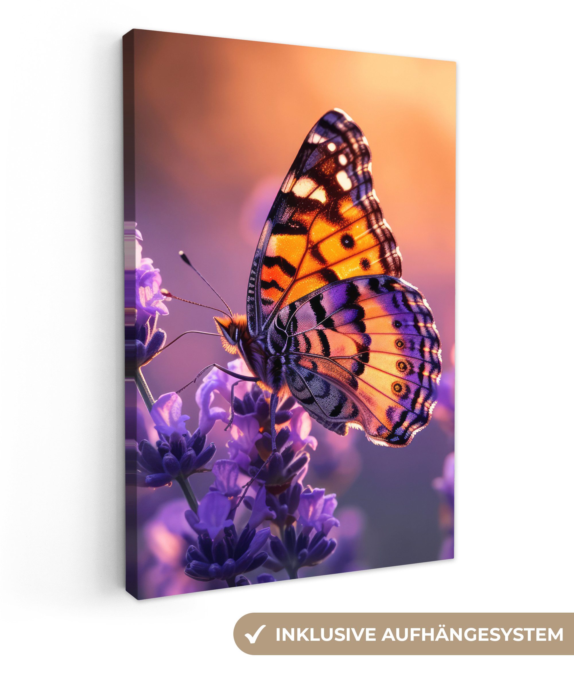 OneMillionCanvasses® Leinwandbild Blumen - Schmetterling - Lavendel - Blume - Natur, Lila - Schmetterling (1 St), Leinwand Wandbild, Wanddekoration 20x30 cm