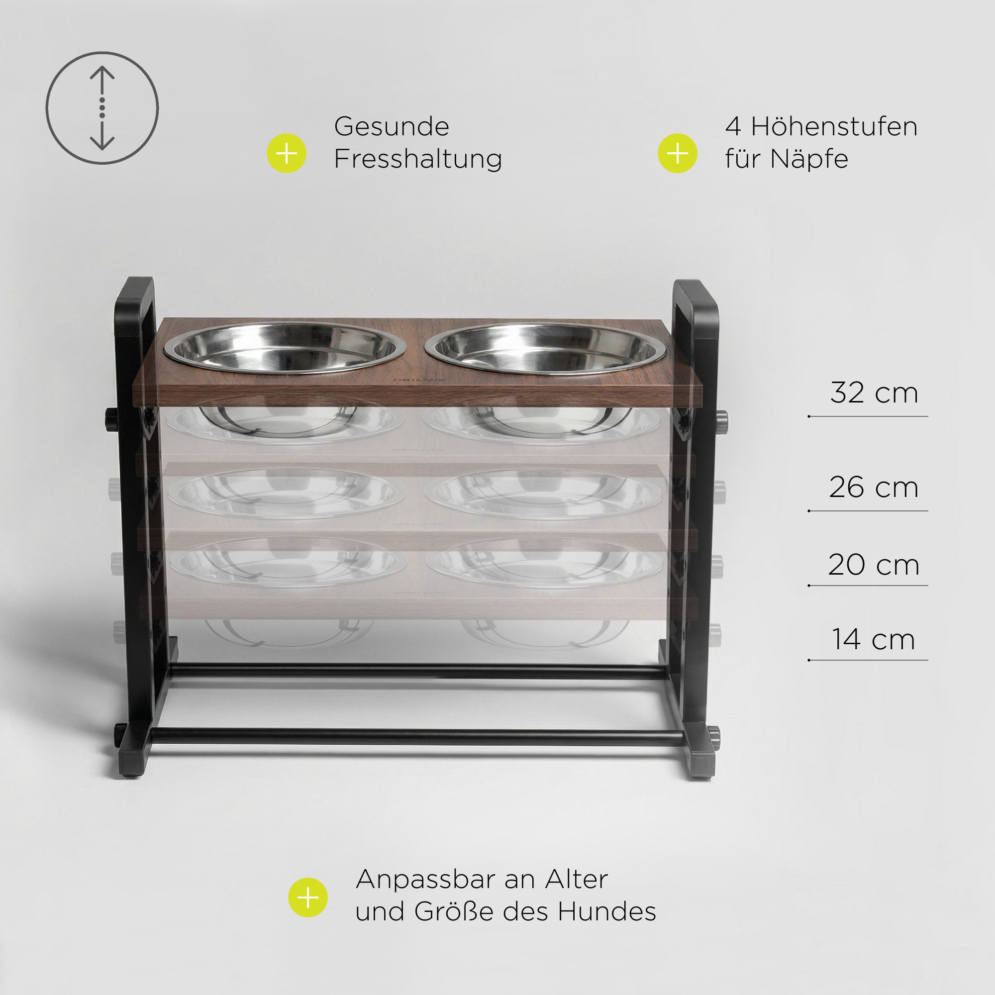 lionelo Futternapf MISTY, Edelstahl 304, 4 Höhen 14–32 cm/3 Winkel 0–15°/2×1200 ml/304 Stahl/2,35 kg