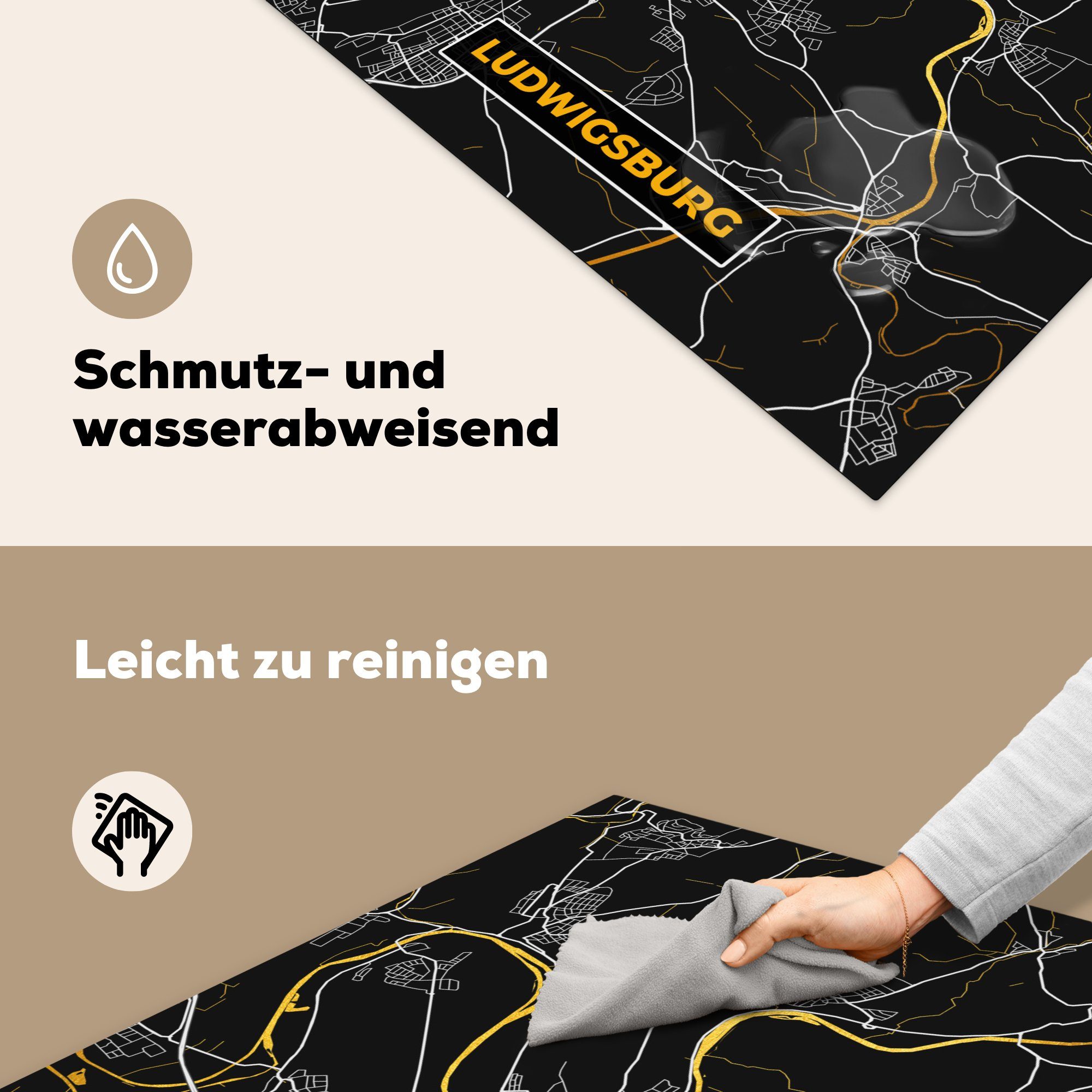 MuchoWow Deutschland, Arbeitsplatte Ceranfeldabdeckung, cm, für - Stadtplan - - Ludwigsburg Herdblende-/Abdeckplatte Karte - Gold küche (1 Vinyl, tlg), 78x78