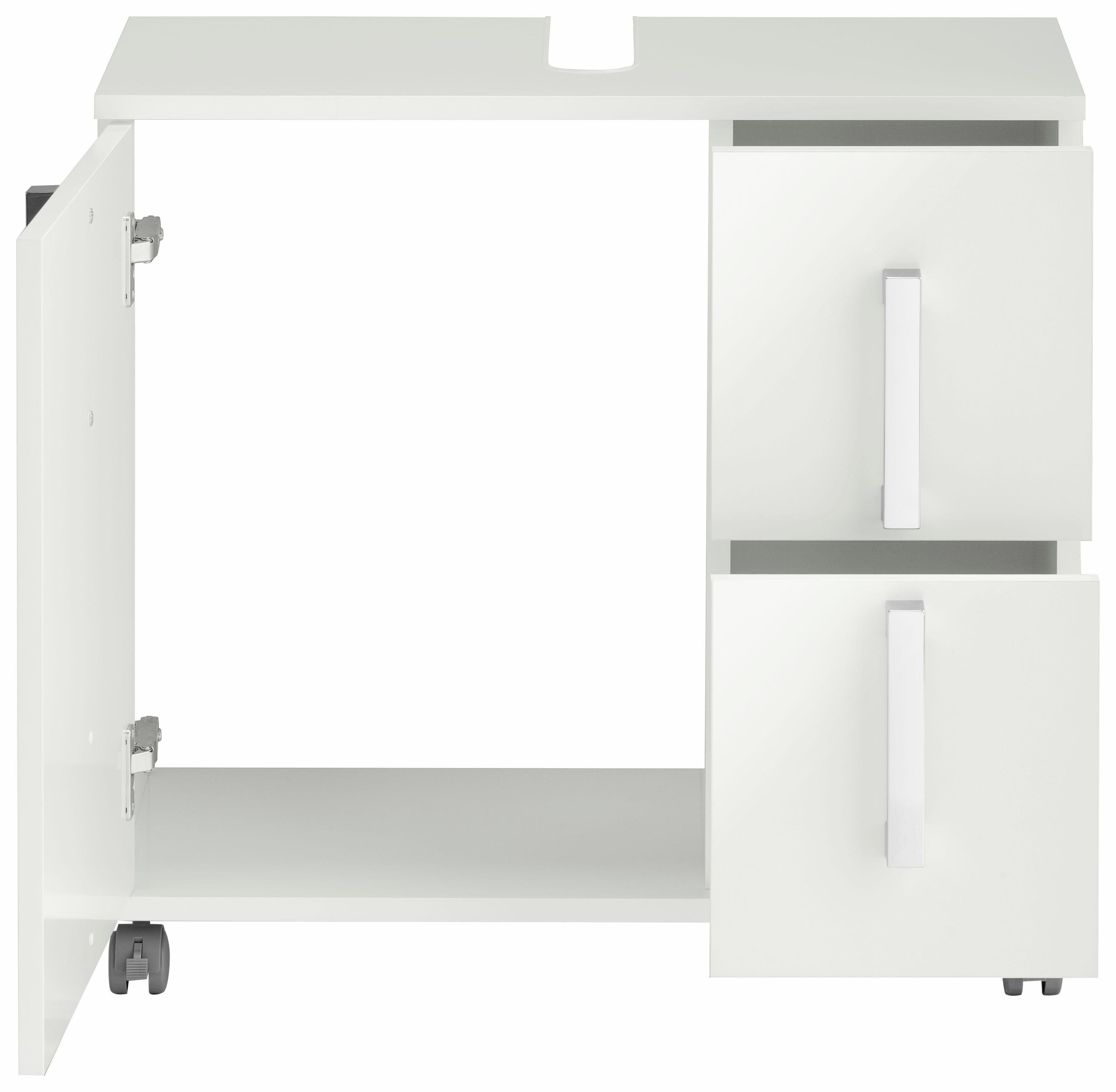 Schildmeyer Waschbeckenunterschrank mit 2 weiß glanz Metallgriffen, Kampen Tür mit Schubladen 60 Soft-Close, Höhe cm