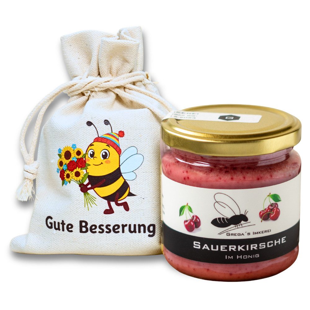 Grega´s Imkerei Honig Gute Besserung Geschenkset, 1 x 250 g, (Sorte deiner Wahl, mit Säckchen Aufschrift: Gute Besserung und Honigspezialität im Glas), Honigsüße Geschenkidee direkt vom Imker