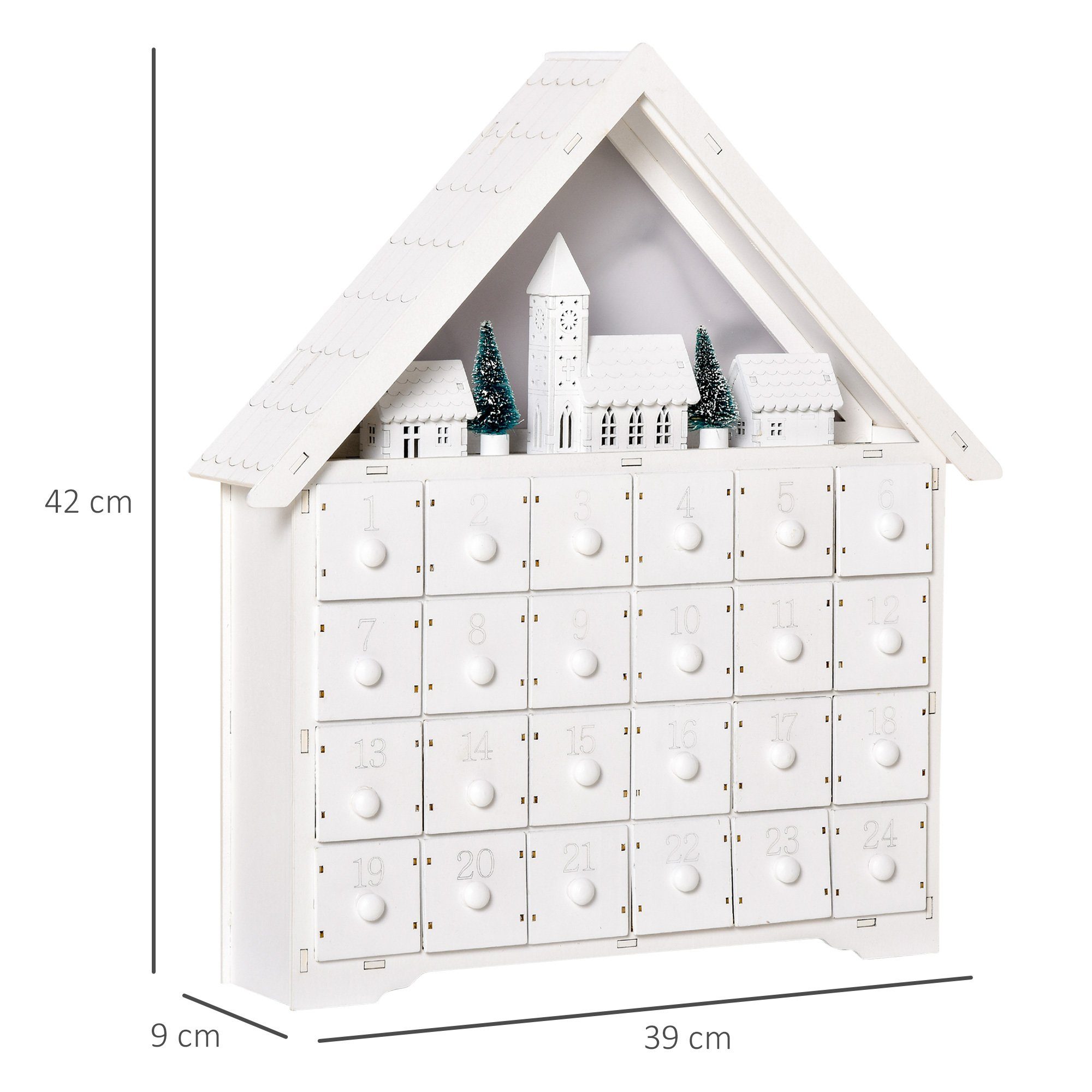 HOMCOM Weihnachtsdorf Adventskalender 24 Schubladen LED-Lichtern Weihnachtskalender, DIY Sperrholz-Platte Weiß 39 x 9 x 42 cm