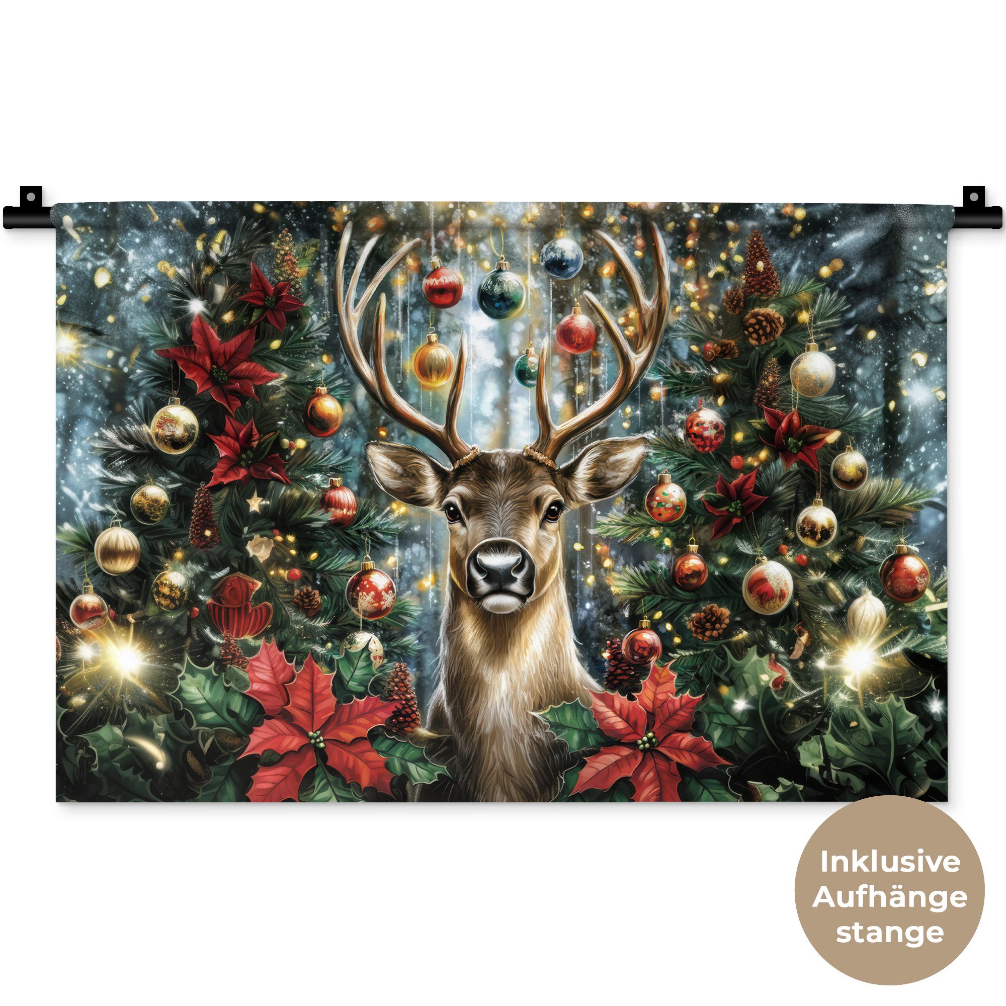 MuchoWow Wandteppich Weihnachtsfeier - Tannenwald - Rot, Rechteckig, Höhe: 3 mm, Wandteppich für Wohnzimmer, Schlafzimmer, 60x40 cm