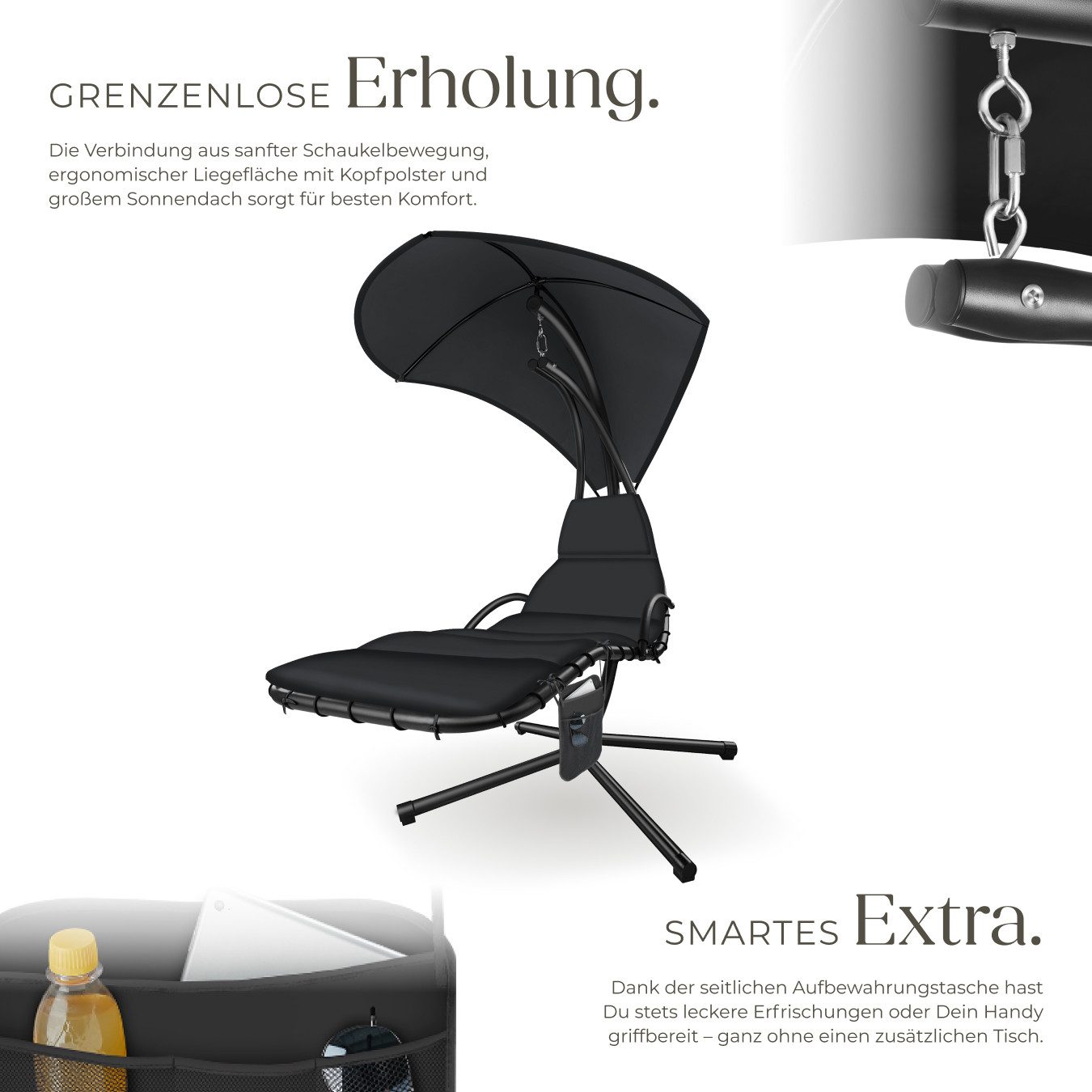 tectake Hängesessel Ergonomische Hängeliege inkl. Seitentasche, 195 x 132 x 197 cm (Hängestuhl Elaria, in Schwarz), großes Sonnendach mit UV-Schutz, stabil und strapazierfähig