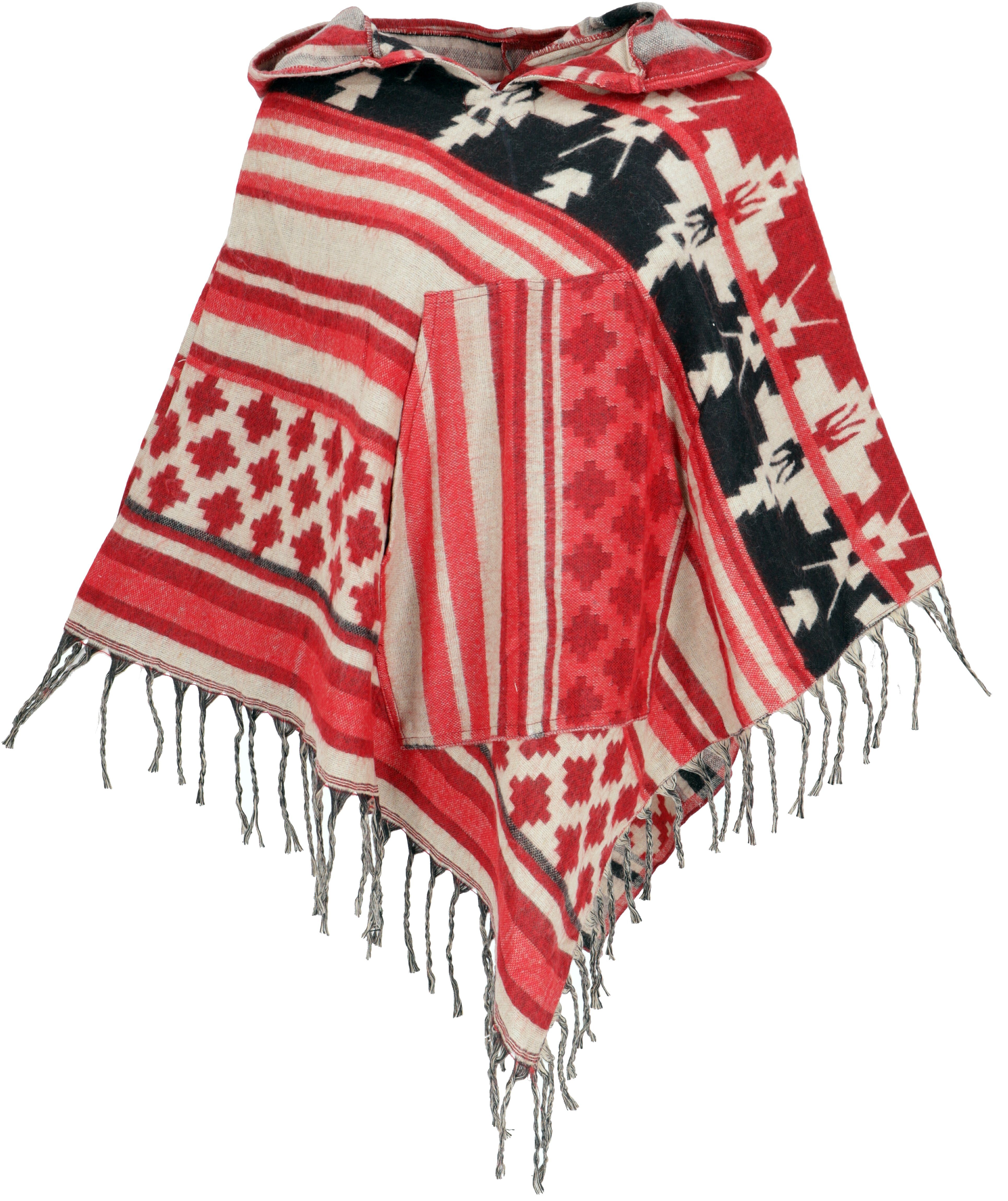 -.. mit rot/beige Hippie langer Poncho Zipfelkapuze Guru-Shop Langjacke Ethno,