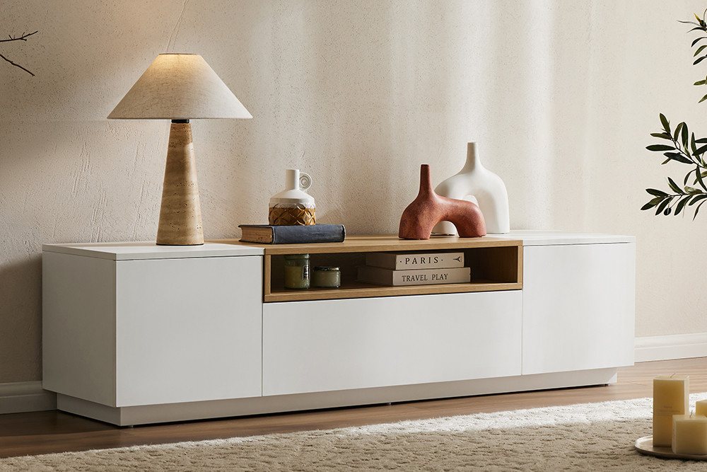 riess-ambiente TV-Board LOFT 160cm weiß/natur - stehend, Eichen-Design, drei Fächer, Schublade (Einzelartikel, 1 St), Sideboard mit Ablage & Stauraum- ideal für Flur, Wohnbereich & TV-Ecke