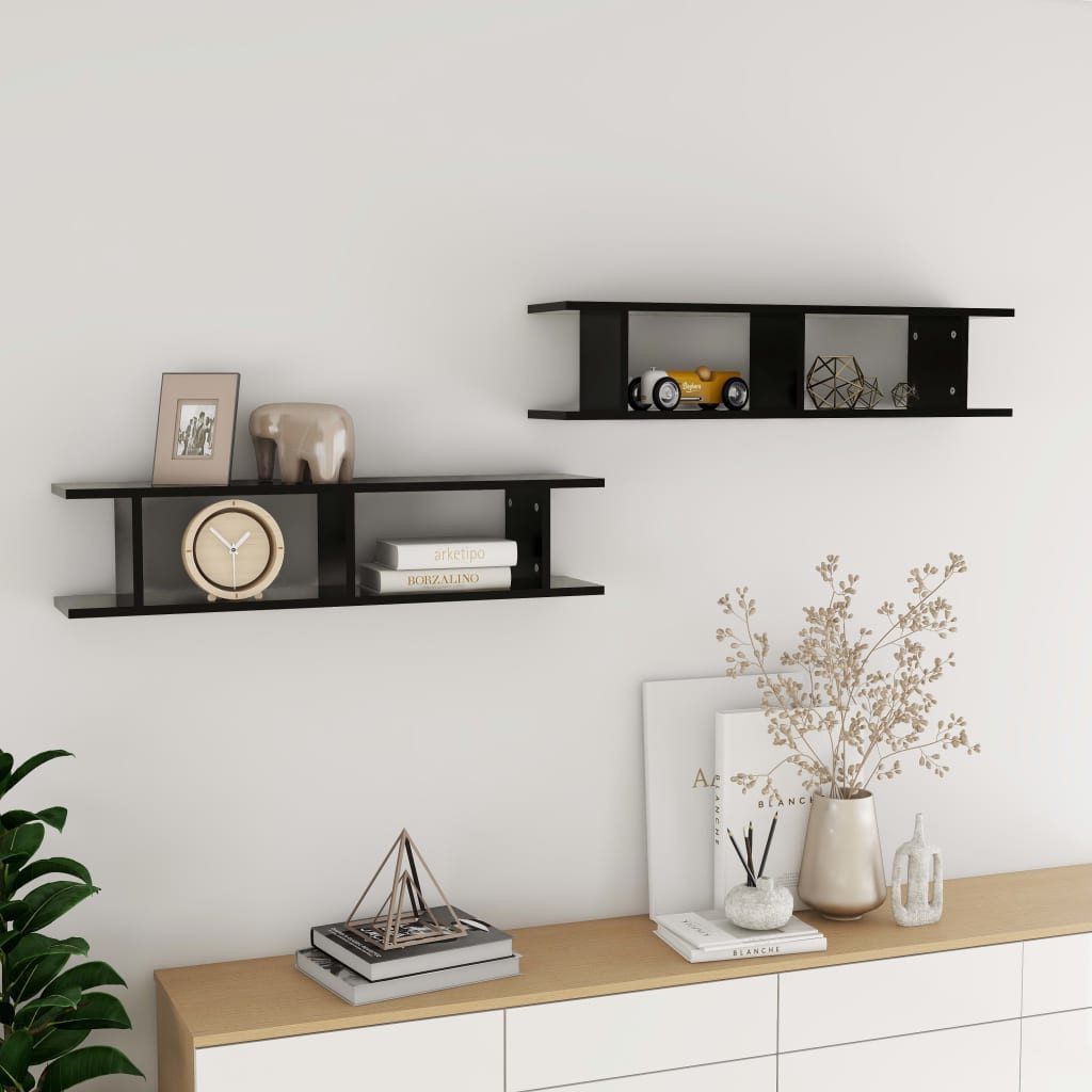 furnicato Wandregal 90 x 18 x 20 cm Schwarz aus Holzwerkstoff, 2-tlg., Unsichtbare Montage für Würfelregale mit Stauraum im Wohnzimmer