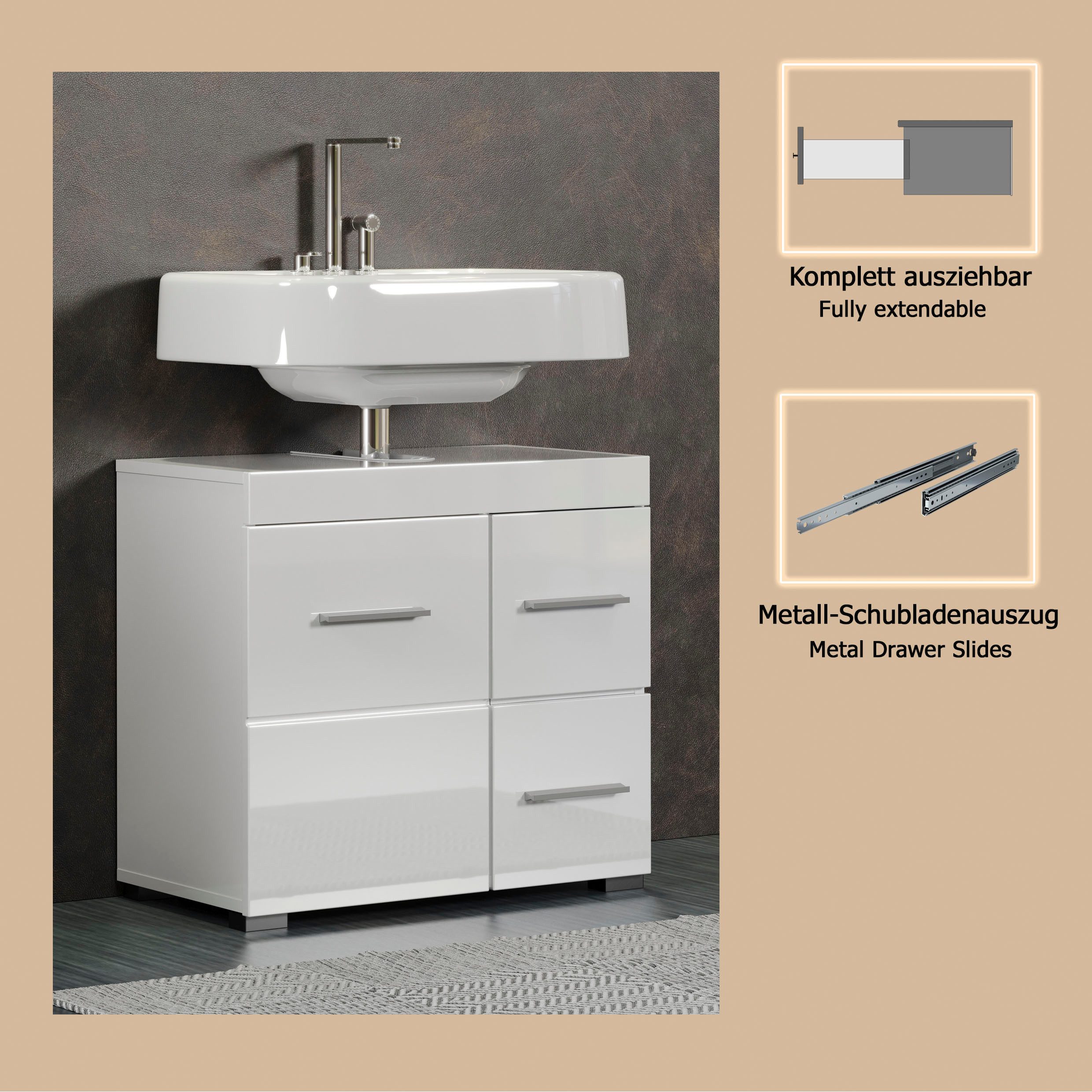 welltime Waschbeckenunterschrank Avena (1-St) Badezimmerschrank mit Tür & Schubkästen – (B/T/H) 60/34/56 cm – Bild 5 von 5