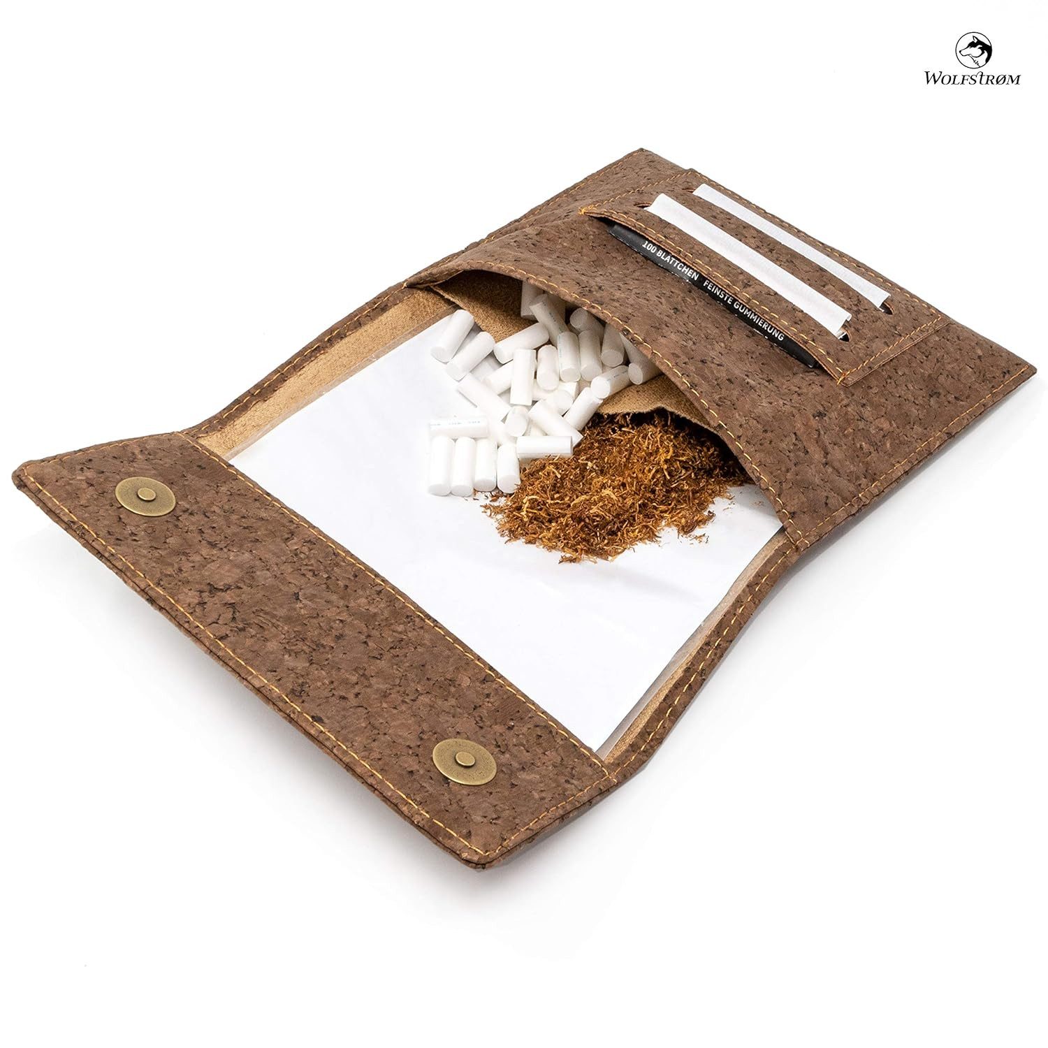 Wolfstrøm Tabakbeutel Kork-Leder Tabaktasche 'Taruk' - VEGANe Drehertasche mit Gizeh Papers (Design in Germany, Inkl. Gizeh Papers), Kork-Leder - VEGAN