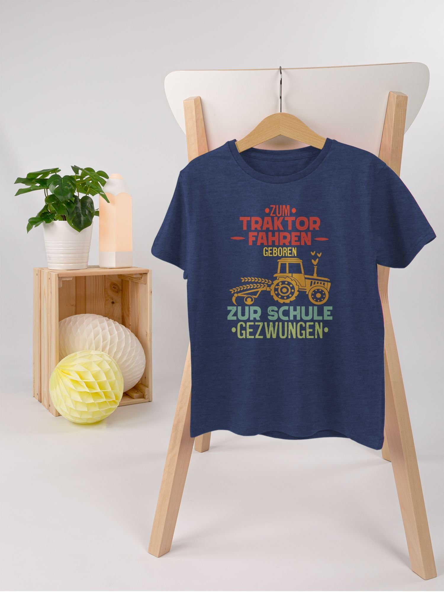 Geschenke 03 Schulanfang Junge Einschulung Zum Meliert Schule Vintage zur T-Shirt Dunkelblau Shirtracer geboren gezwungen fahren Traktor