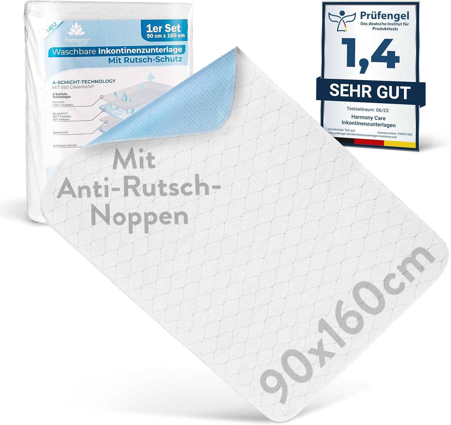 Inkontinenzauflage Inkontinenzunterlage waschbar mit ANTI-RUTSCH NOPPEN Harmony Care, saugstarke Nässeschutzauflage atmungsaktive Inkontinenz Bettunterlage