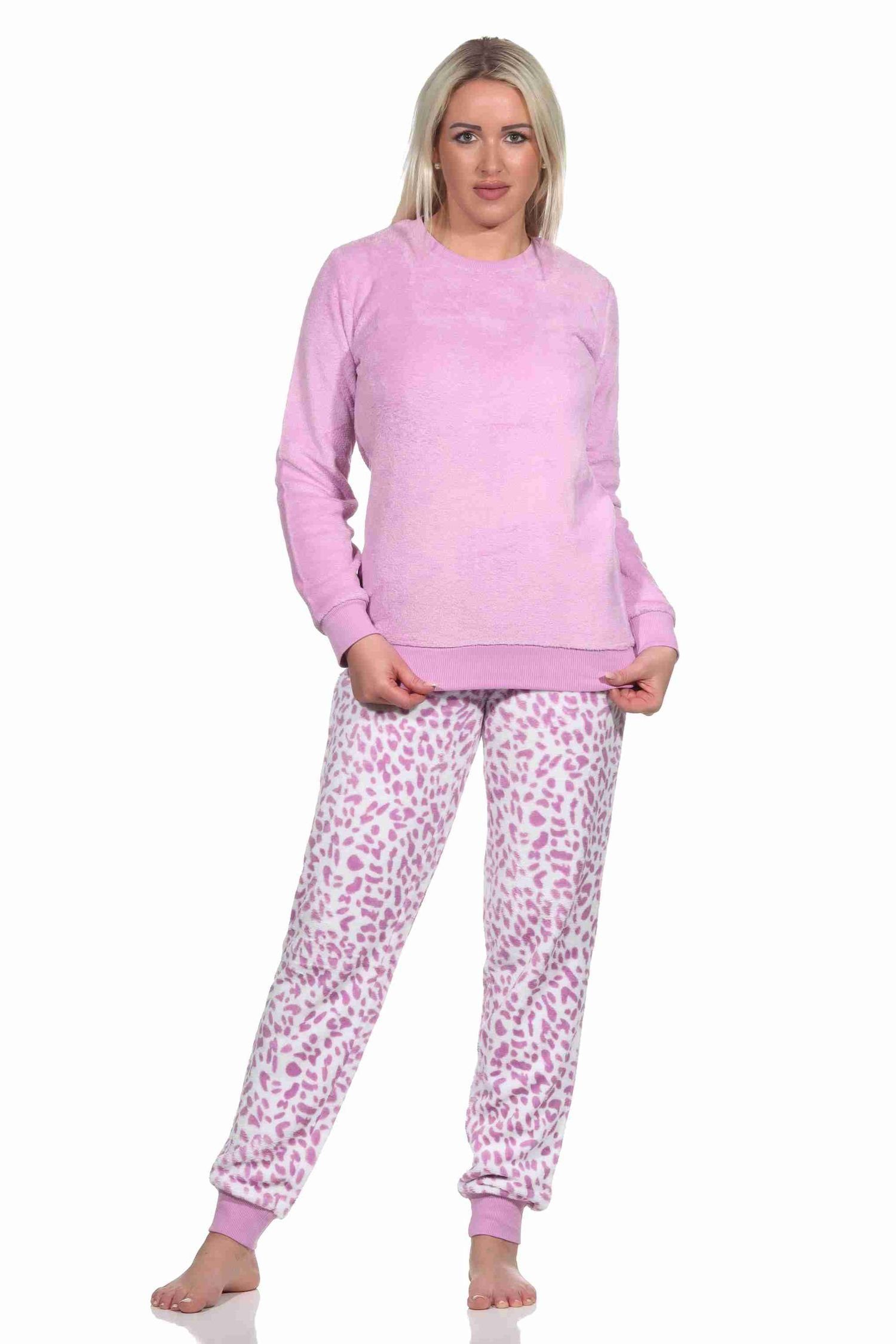aus mit Look im Coralfleece Pyjama Bündchen langarm Animal Damen Schlafanzug Normann pink