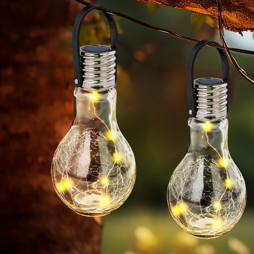 GLOBO LIGHTING LED Solarleuchte, LED-Leuchtmittel fest verbaut, Warmweiß, 3x LED Solar Pendel Lampe Crackle Glas Glühbirne Außen Deko