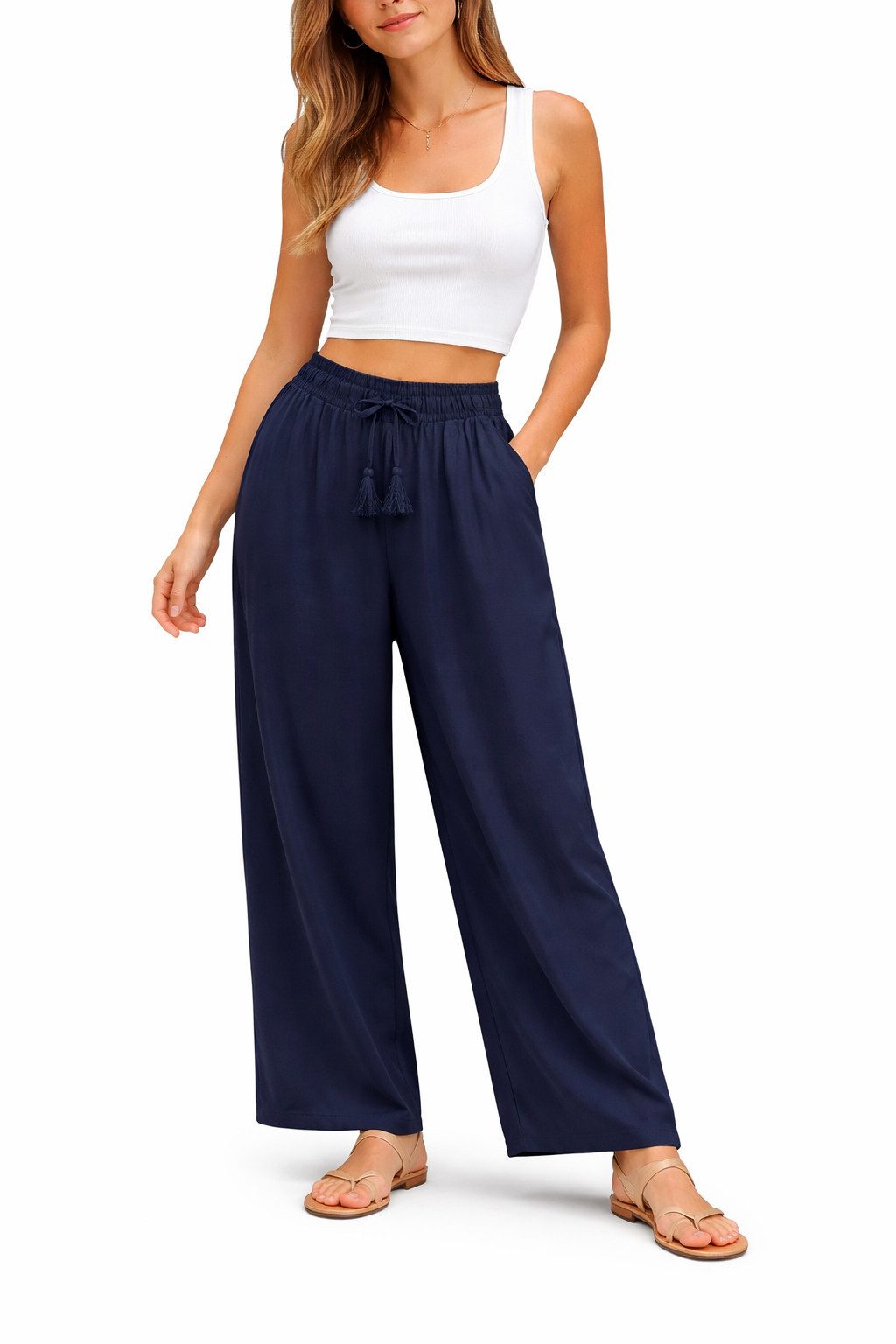 SUBLEVEL Chinos Damen Luftige Sommerhose Freizeit Weit geschnitten Stoffhose Musselin