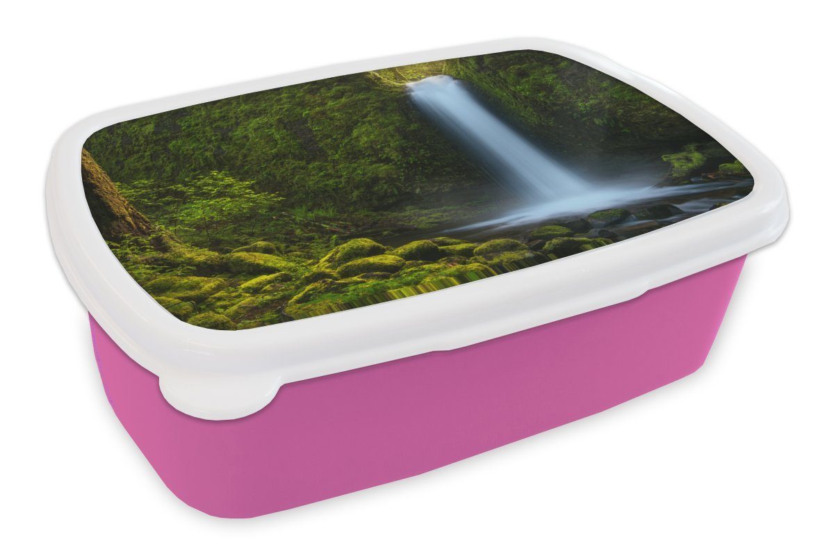 MuchoWow Lunchbox Dschungel - Wasserfall - Natur, Kunststoff, (2-tlg), Brotbox für Erwachsene, Brotdose Kinder, Snackbox, Mädchen, Kunststoff rosa