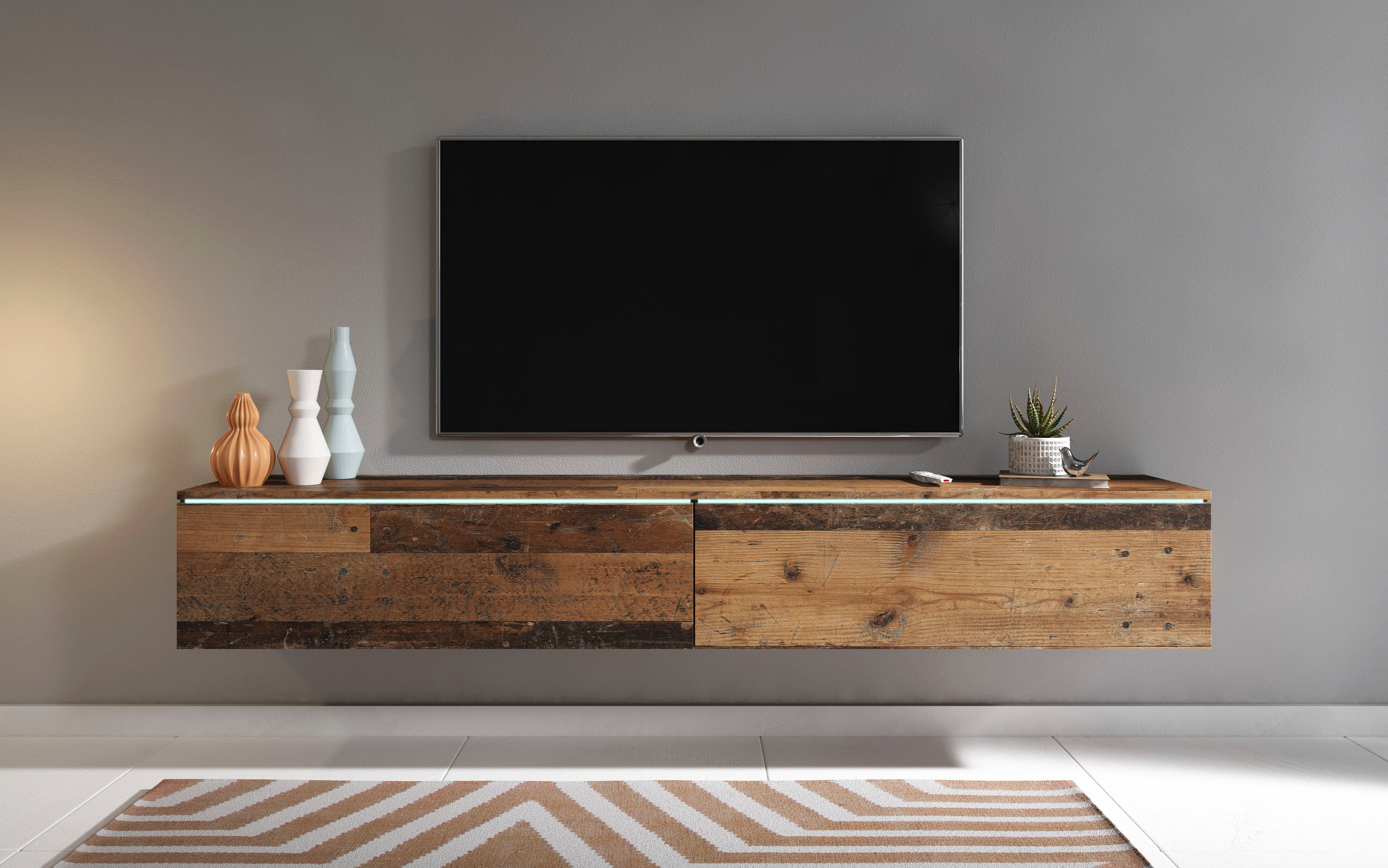 INOSIGN Lowboard LOWBOARD VERA, wahlweise mit oder ohne Beleuchtung, Modernes griffloses TV-Board, 180 cm TV-Schrank, stehend und hängend