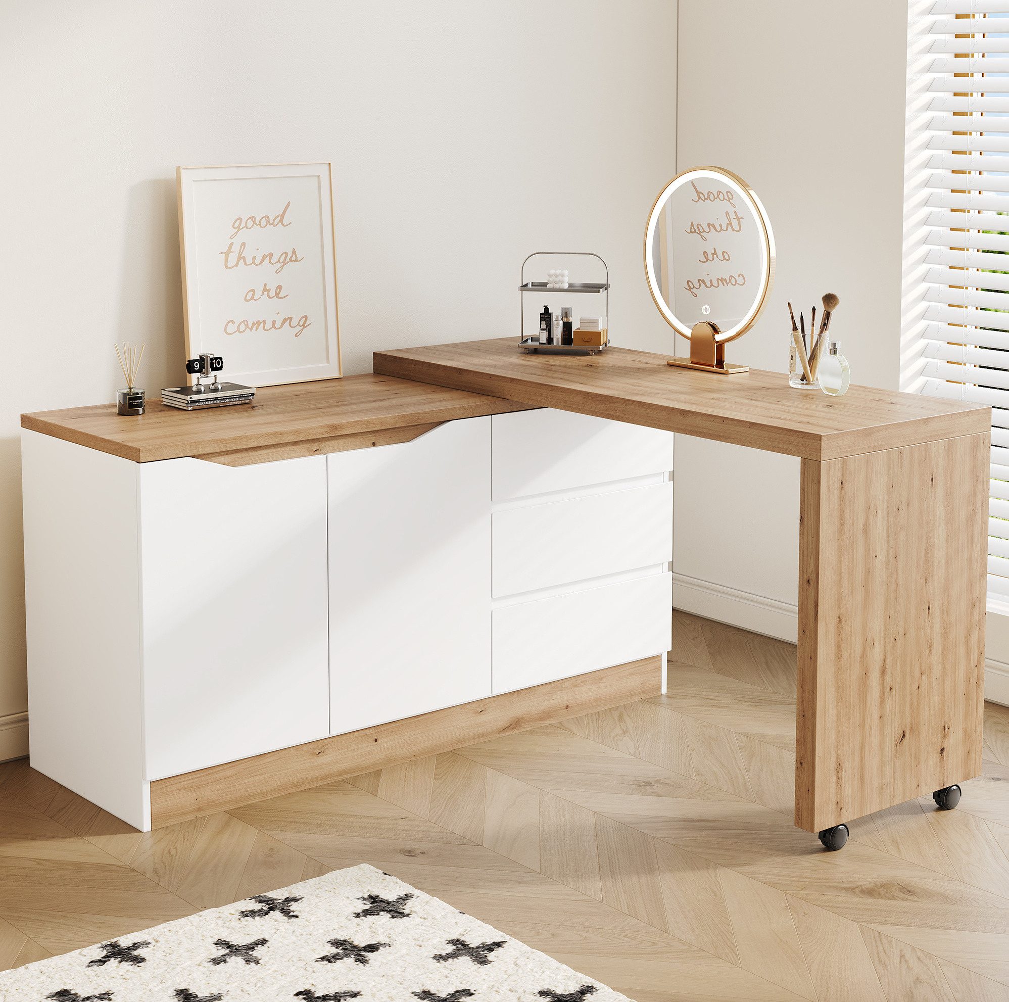 REDOM Eckschreibtisch Design-Tisch – drehbar, klappbar & mit Rollen (Packung, 1-St., Natur+Weiß, 120×78×50 cm, für moderne Räume), 4 cm dicke Platte, Natur-Weiß-Optik, vielseitig