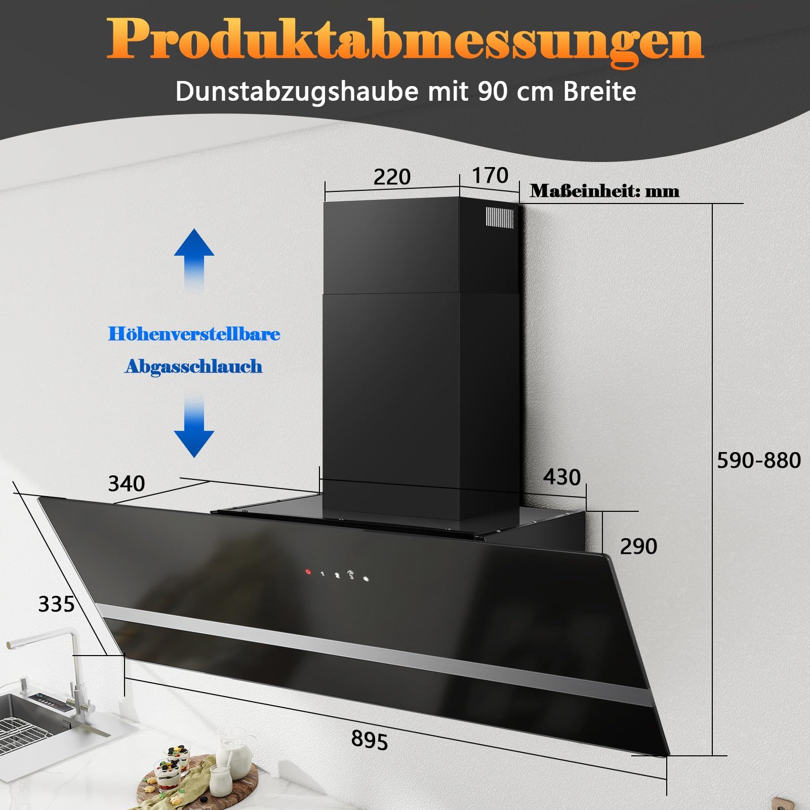 SNDOAS Kopffreihaube Dunstabzugshaube 90cm, Abluft/Umluft, 450 m³/h mit 3 Stufen + Boost Dunstabzugshaube 90cm, Abluft/Umluft, 450 m³/h mit 3 Stufen + Boost, Berührungssteuerung, Schräghaube, LED, A+++
