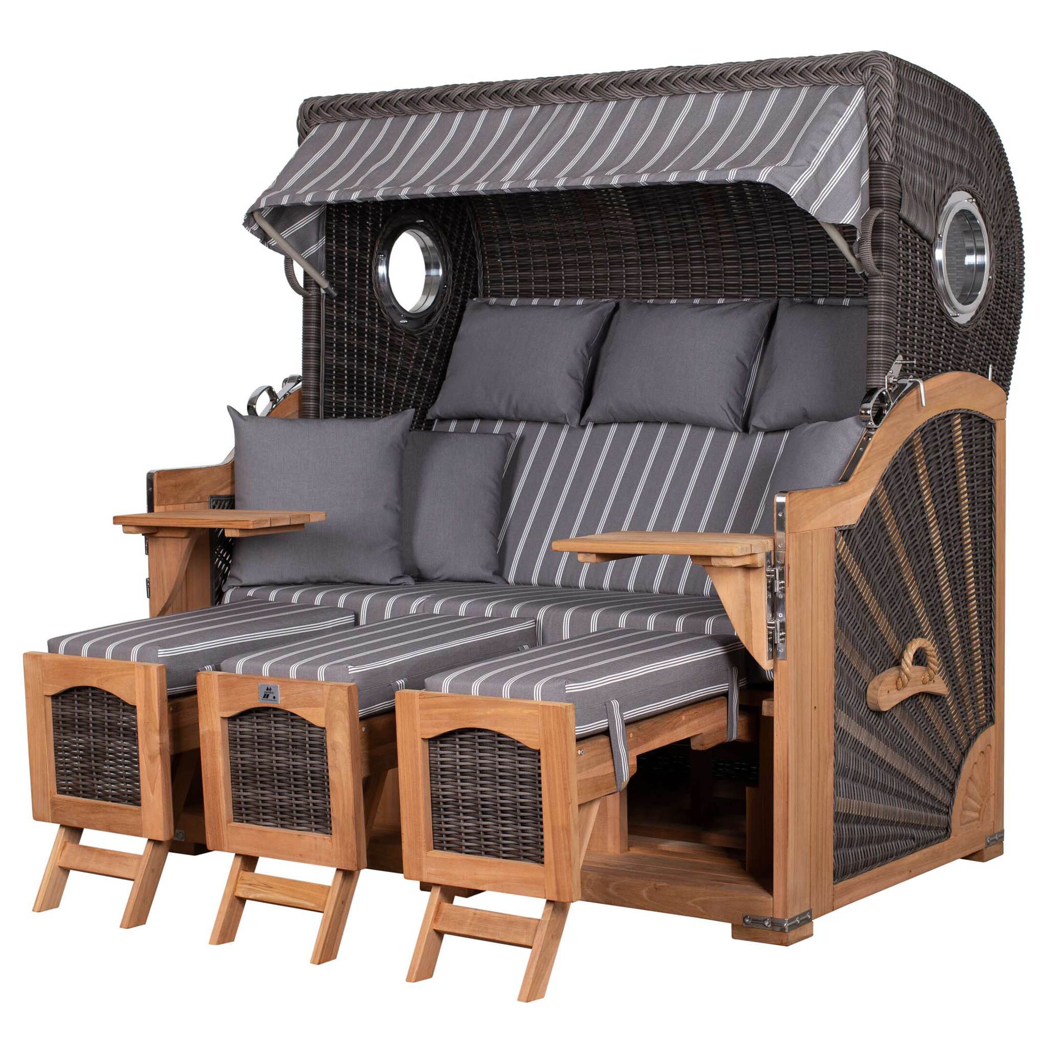deVries PURE® Strandkorb Seemöwe XXL - PE stone grey - Dessin 235, BxTxH: 165x95x163 cm, Halblieger, Ostsee-Strandkorb, (Strandkorb-Komplettset, 2-tlg., 3-Sitzer Strandkorb mit Polstern und Premium-Schutzhaube), Windschutzfolie, bequeme Kissenausstattung, Schutzhülle