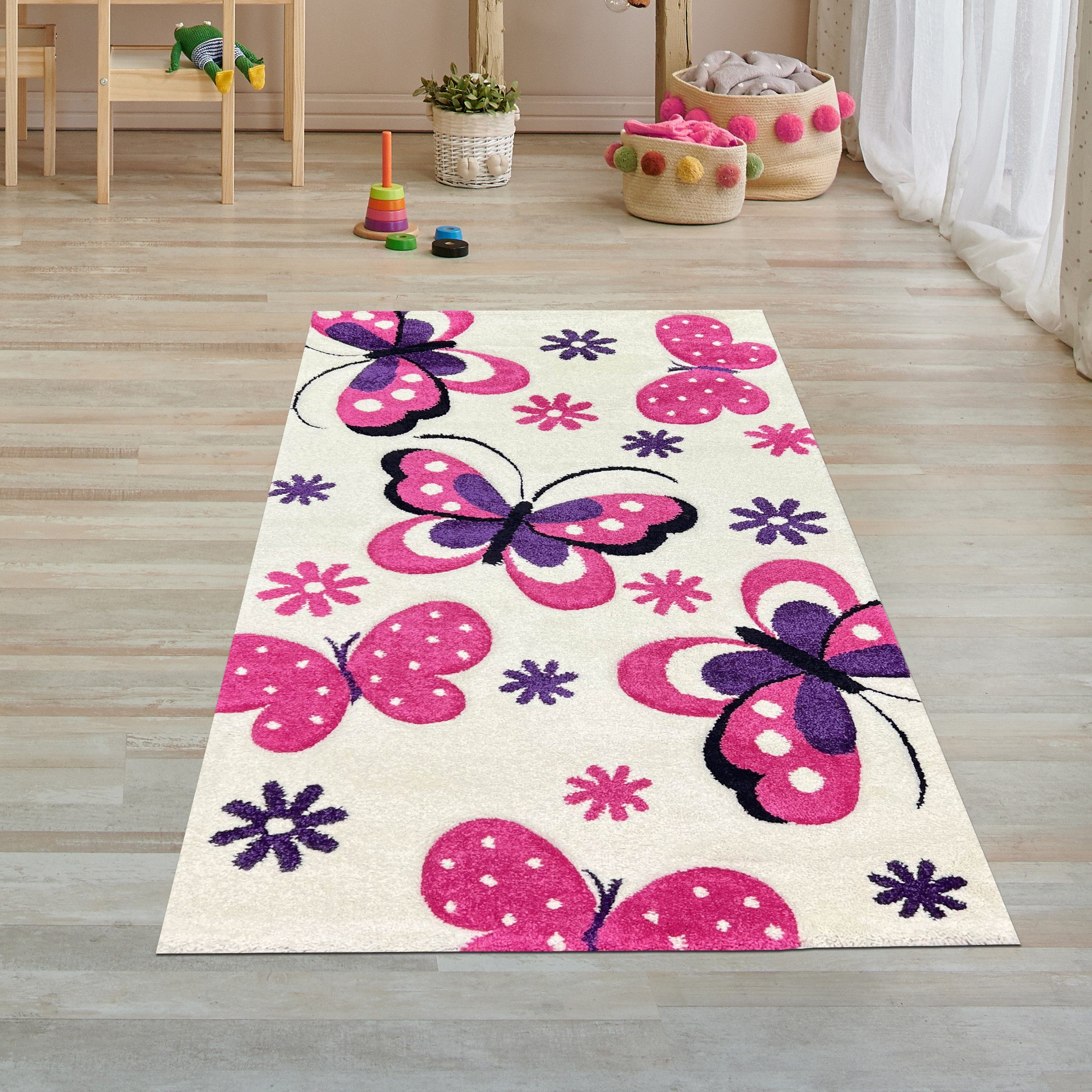 Kinderteppich Kinderzimmer-Teppich rechteckig, creme Schmetterlingen mm mit pink, Höhe: Teppich-Traum, 13