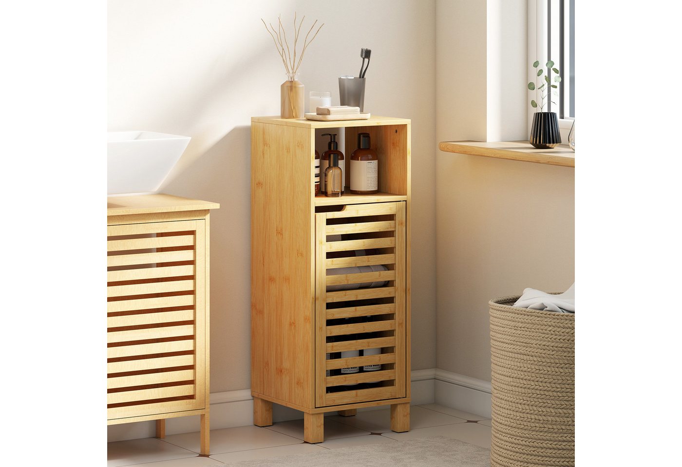 HOMCOM Badkommode Toilettenschrank Beistellschrank schmal mit verstellbaren Regalen (Badschrank, 1 St., Badezimmerschrank), für Badezimmer, kleine Räume, 30 x 30 x 80 cm, Naturholz