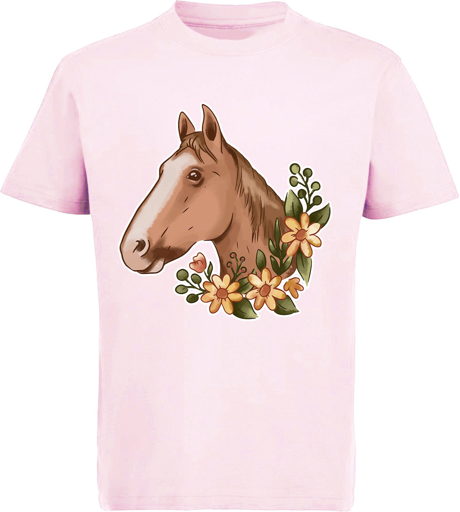 MyDesign24 Print-Shirt bedrucktes Kinder Mädchen T-Shirt - Hellbrauner Pferdekopf und Blumen Baumwollshirt mit Aufdruck, i181 rosa