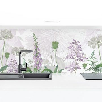 Bilderdepot24 Küchenrückwand lila Blumen Natur Fingerhut in zarter Blumenwiese, (1-tlg., Nischenrückwand - für Fliesenspiegel ohne Bohren - matt), Spritzschutz Rückwand Küche Herd - Folie selbstklebend versch. Größen