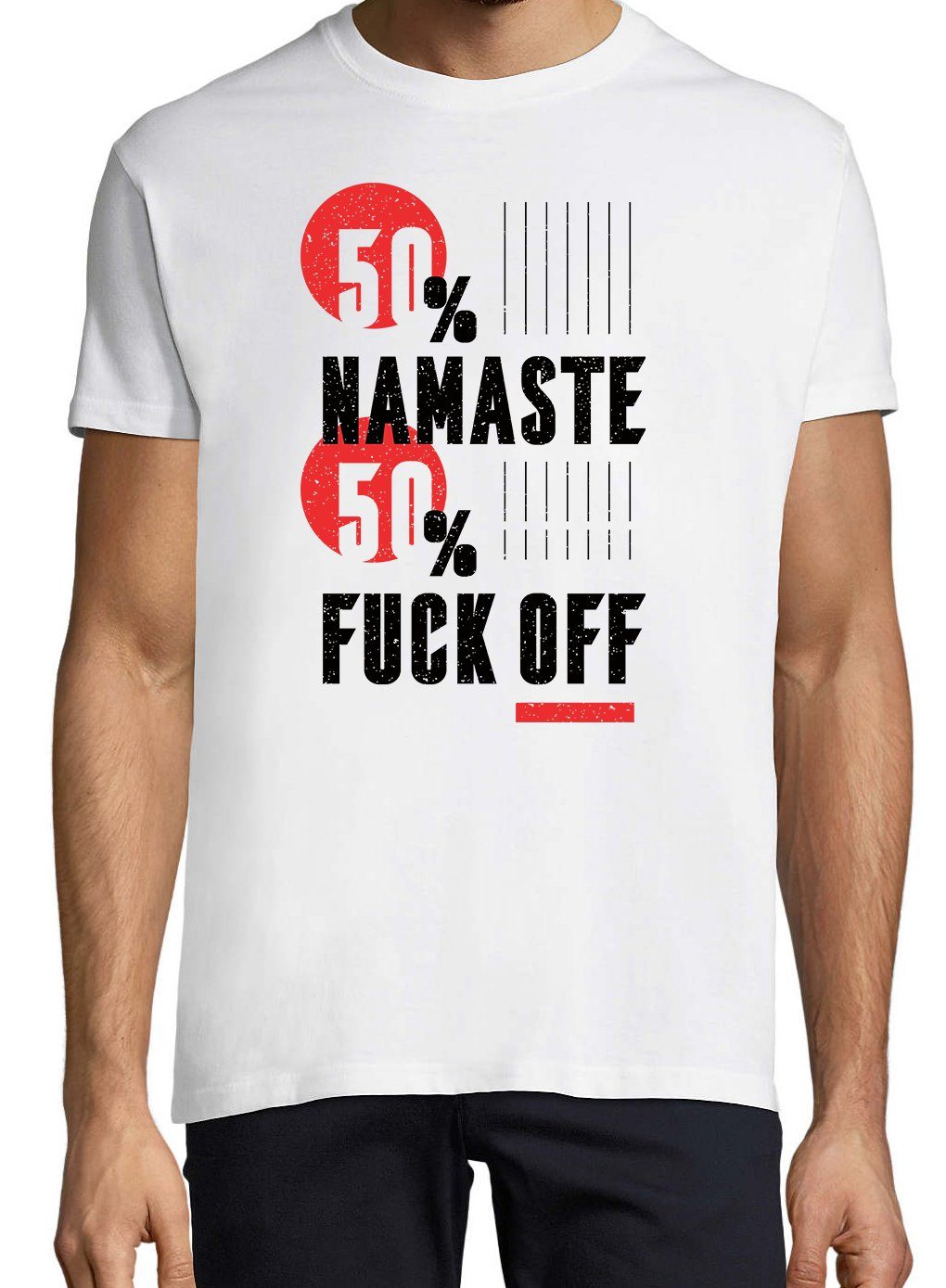Print-Shirt lustigem Weiss 50% Designz Youth Herren "50% Namaste, Spruch Off" T-Shirt mit F**k