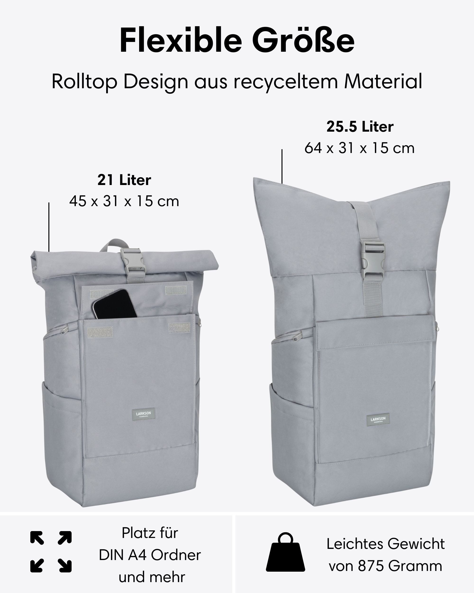 LARKSON Cityrucksack No 4 Large Rolltop Rucksack für Damen und Herren (1-tlg), Geräumiger Rolltop Rucksack für Reisen, Wasserabweisend