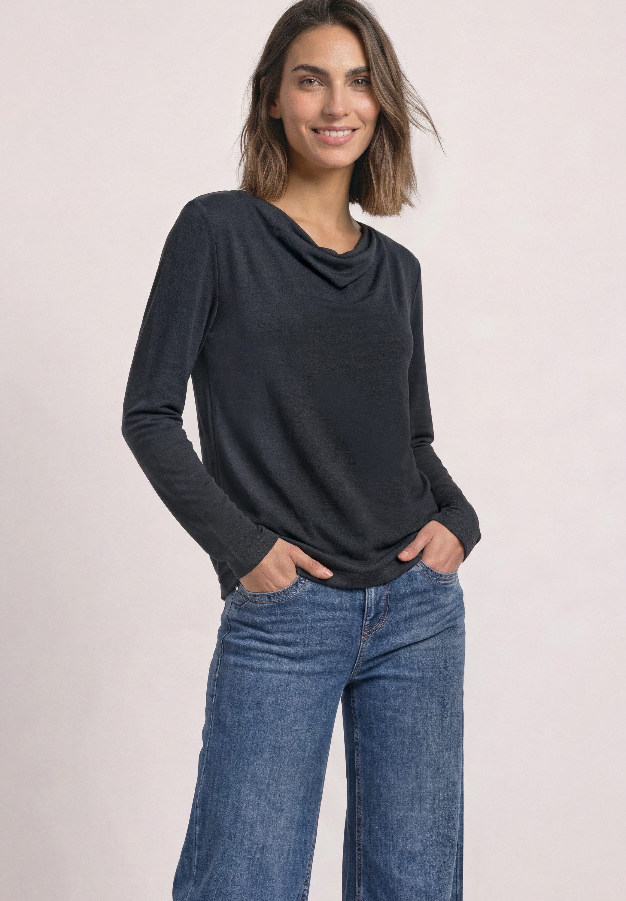 STREET ONE Langarmshirt mit Wasserfallausschnitt