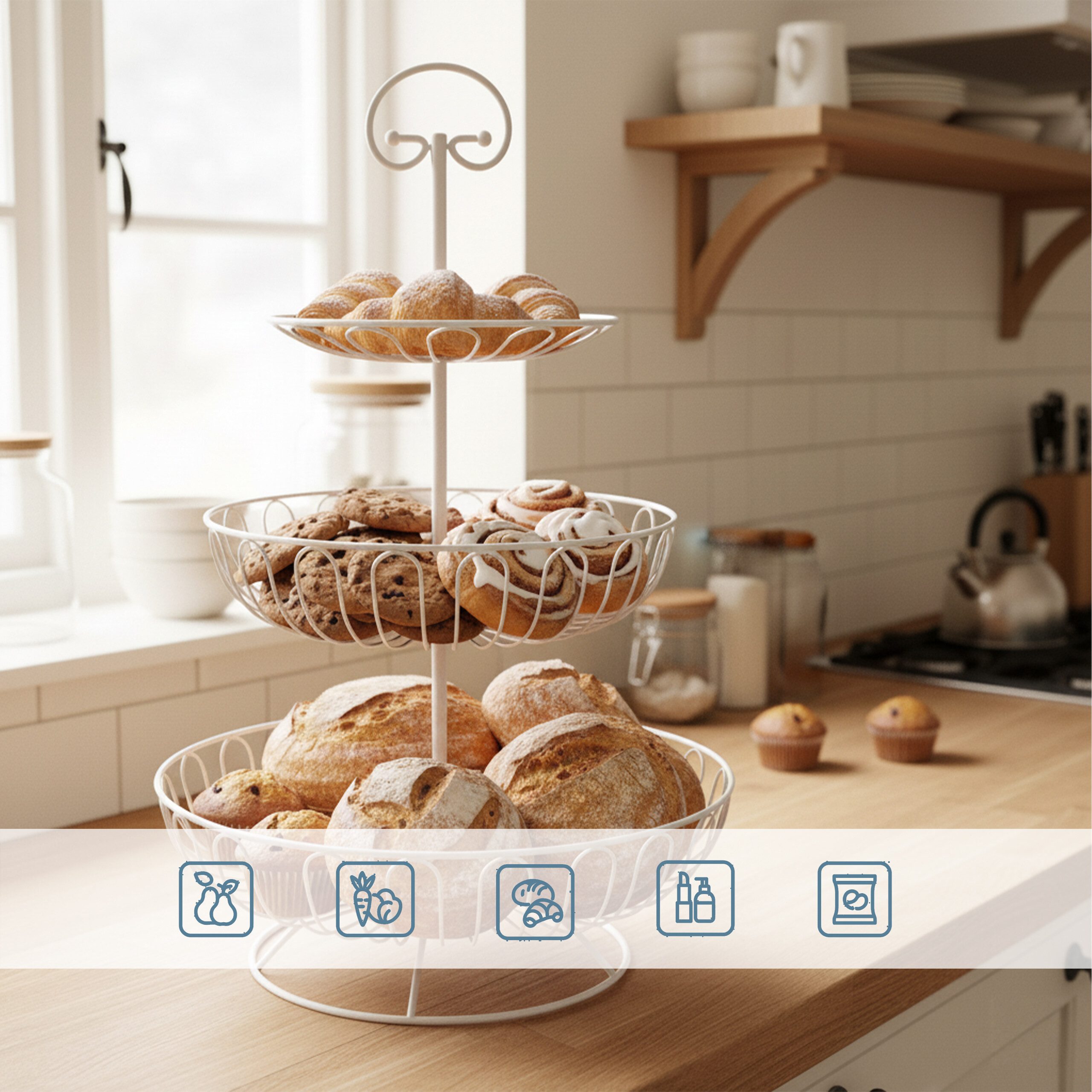 relaxdays Obstschale Obst Etagere 3 Etagen, Eisen, weiß