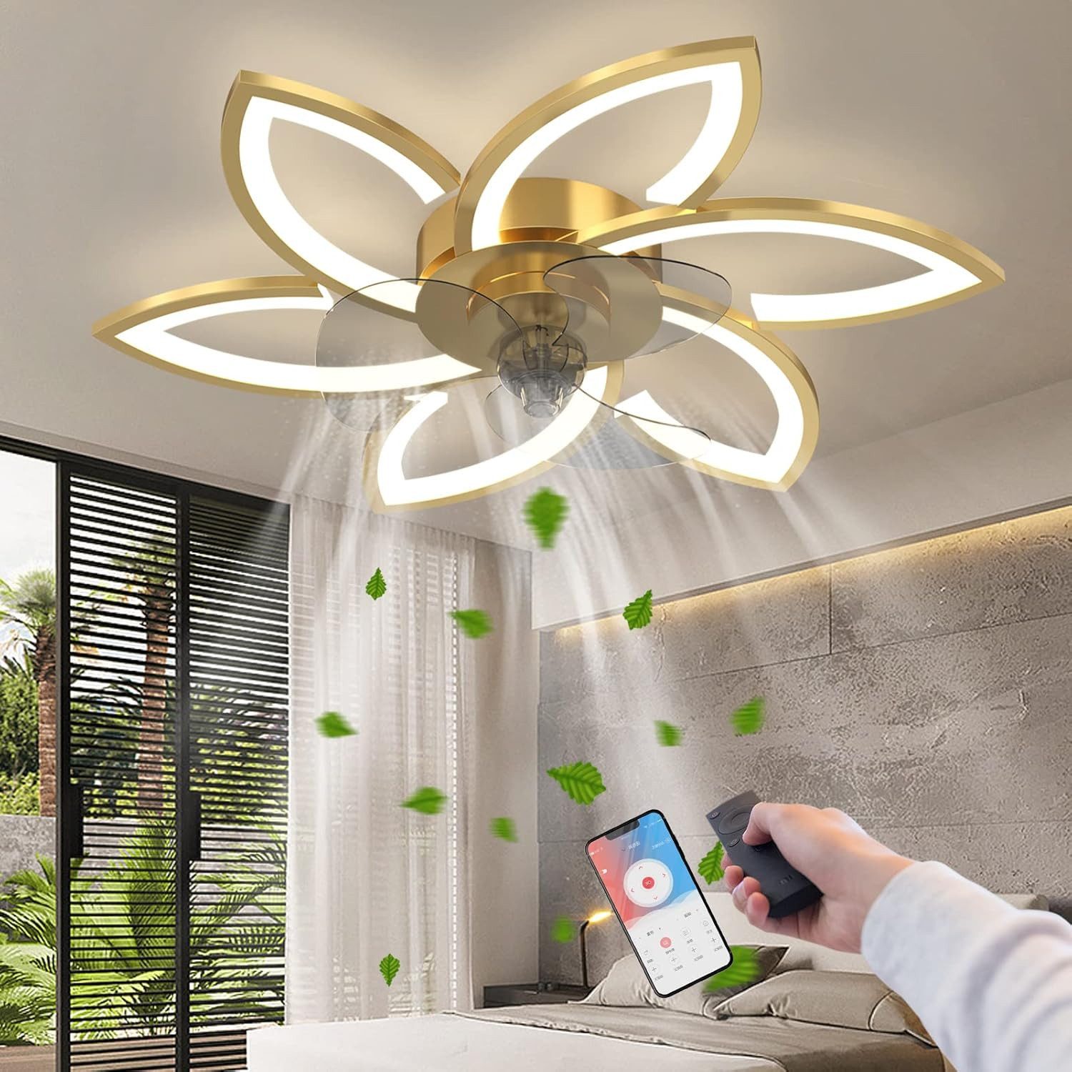 RRBEST Deckenventilator LED-Deckenventilator mit Beleuchtung, 5-flammiges Design, dimmbarer, leiser Deckenventilator mit Fernbedienung und App-Steuerung