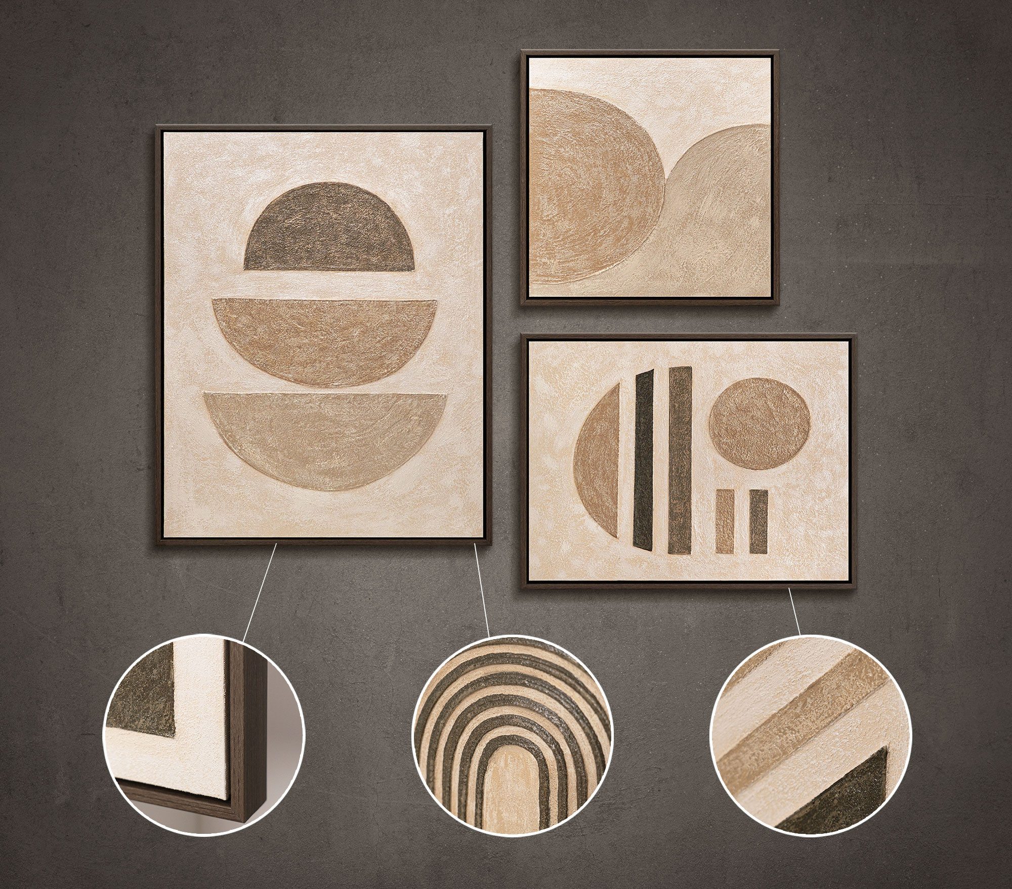 YS-Art Gemälde "Ausgewogenheit der Linien", Abstrakt (Set, 3 St), Wandbilder Set Modern - Abstrakt Modern Bilder Set mit Rahmen in Grau