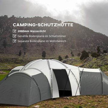 Outsunny Tunnelzelt Campingzelt für 6-9 Personen, wasserdicht, 4 Räume, Vorzelt, Personen: 9 (Gruppenzelt, 1 tlg., Familienzelt), für Campingplatz, Grau