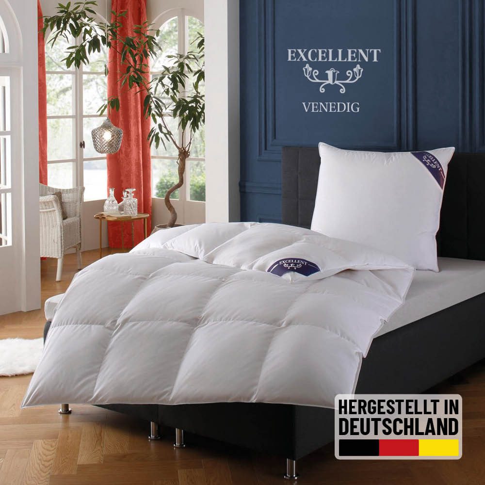 Excellent Daunenbettdecke VENEDIG, Bettdecken für Sommer und Winter, Decke, Füllung: 90% Daunen, 10% Federn, Bezug: 100% Baumwolle, Bettdecke 135x200 cm, 155x220cm und weitere Größen, Made in Germany