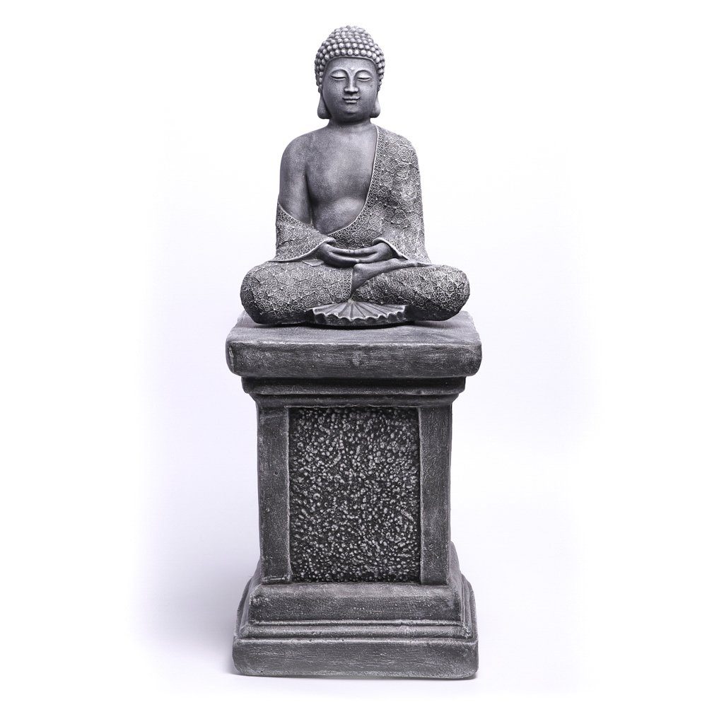 Tiefes Kunsthandwerk Buddhafigur Buddha Figur mit Säule aus Stein - Statue, frostsicher, winterfest, Made in Germany grau