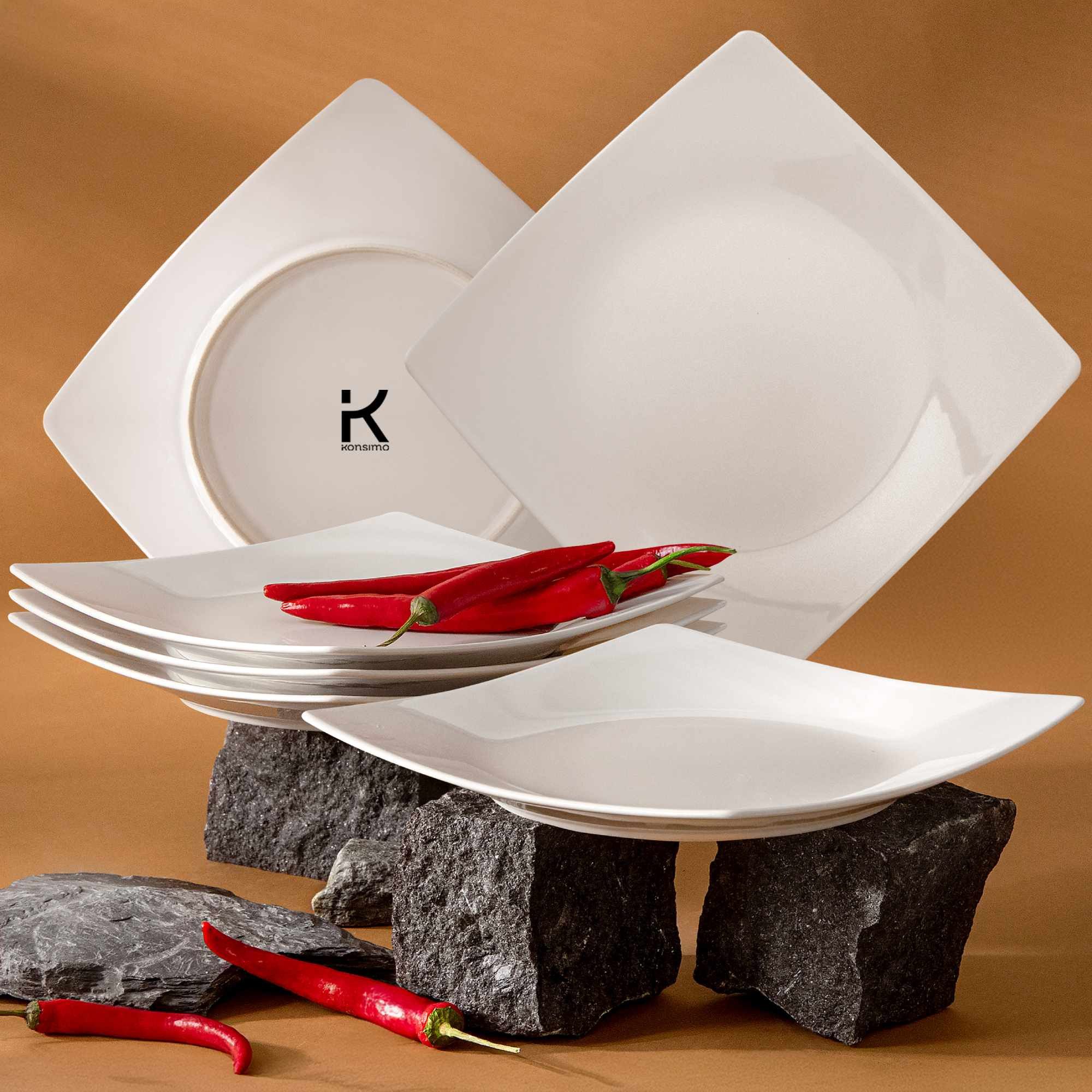 KONSIMO® Teller-Set EPIRI Geschirrset Speiseteller 6 Personen (6-tlg), 6 Personen, Keramik, quadratisch, Spulmachinen- und Mikrowellengeeignet