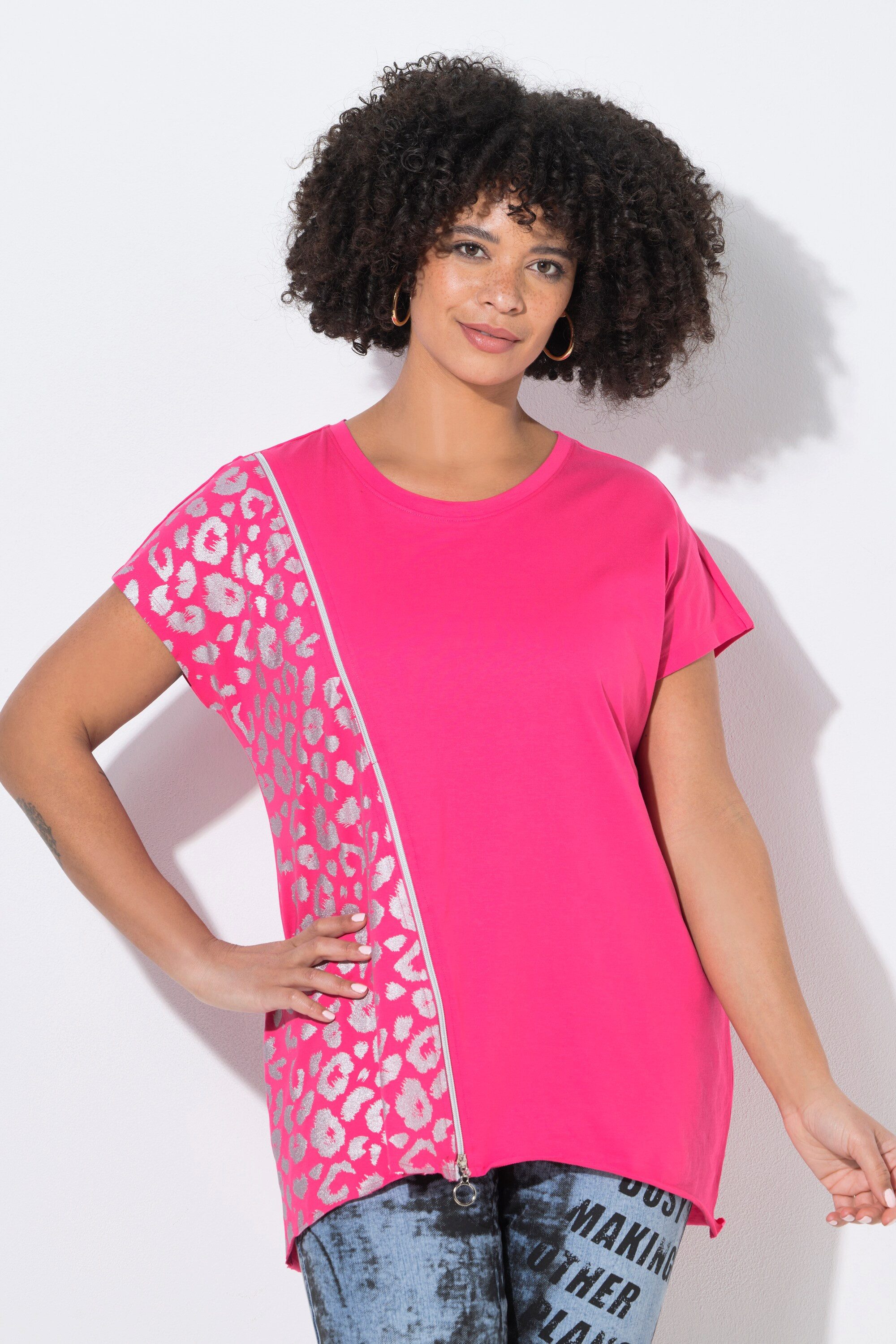T-Shirt Longshirt A-Linie Zipper Fledermaus-Halbarm