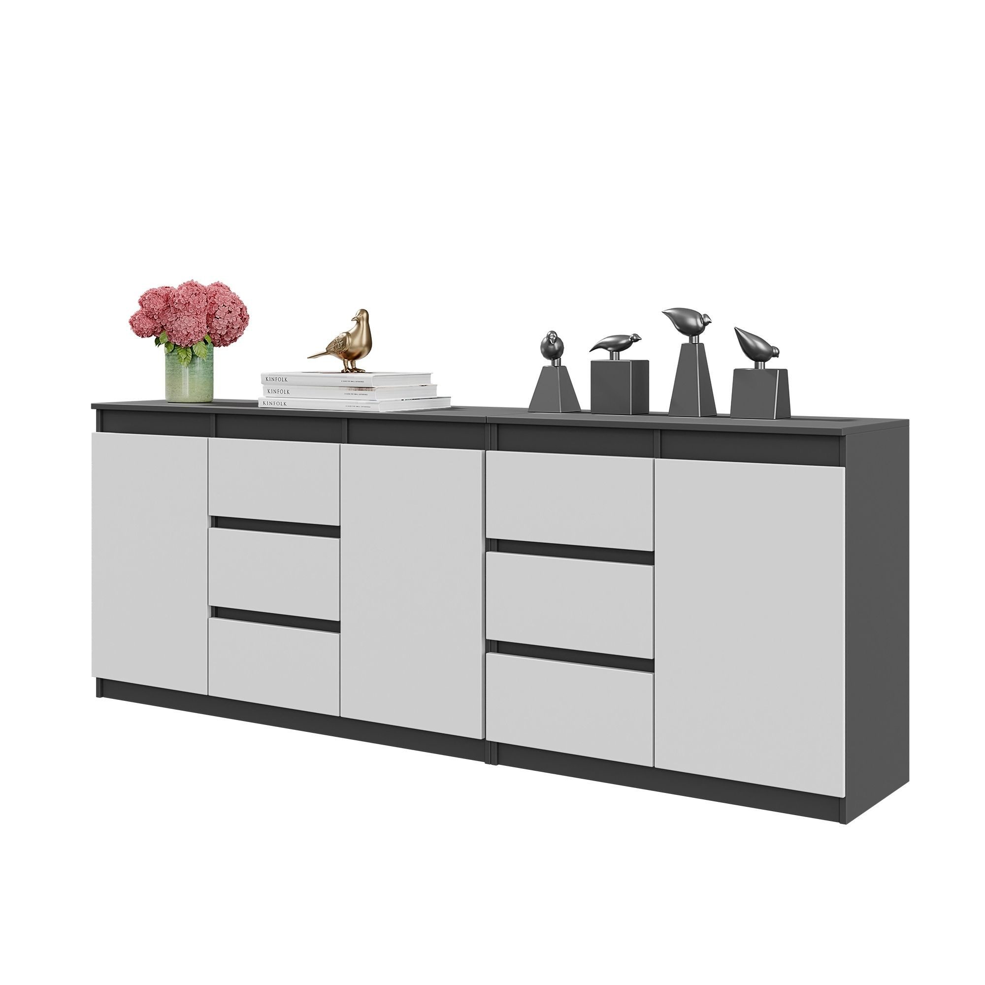 Furnica Kommode MIKEL, 6 Schubladen und 3 Türen - Anthrazit Grau H75cm B200cm T35cm