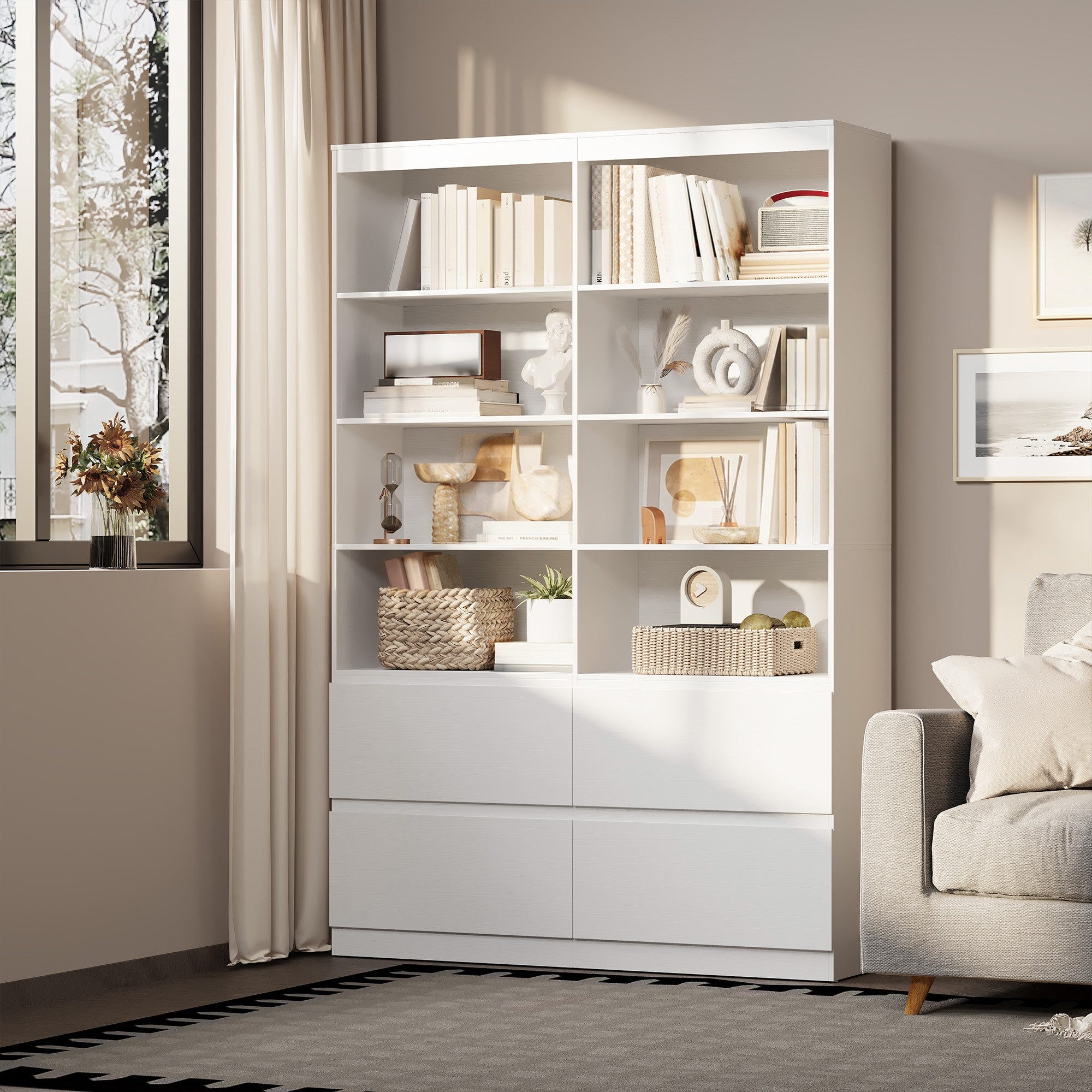 Bealife Bücherregal Bücherschrank Hochschrank mit 8 Fächern und 4 Schubladen