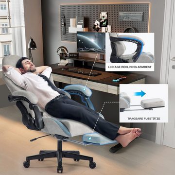 SeedWave Gaming-Stuhl Ergonomischer Gaming Stuhl mit Fußstütze, Bürostuhl Bis 150kg, bewegliche Kopfstütze und Lendenkissen, verstellbare Armlehne, Grau