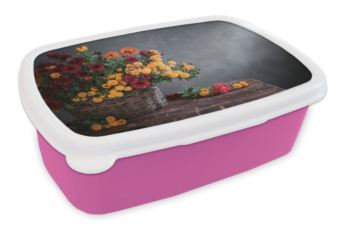 MuchoWow Lunchbox Stilleben - Korb - Chrysantheme, Kunststoff, (2-tlg), Brotbox für Erwachsene, Brotdose Kinder, Snackbox, Mädchen, Kunststoff rosa