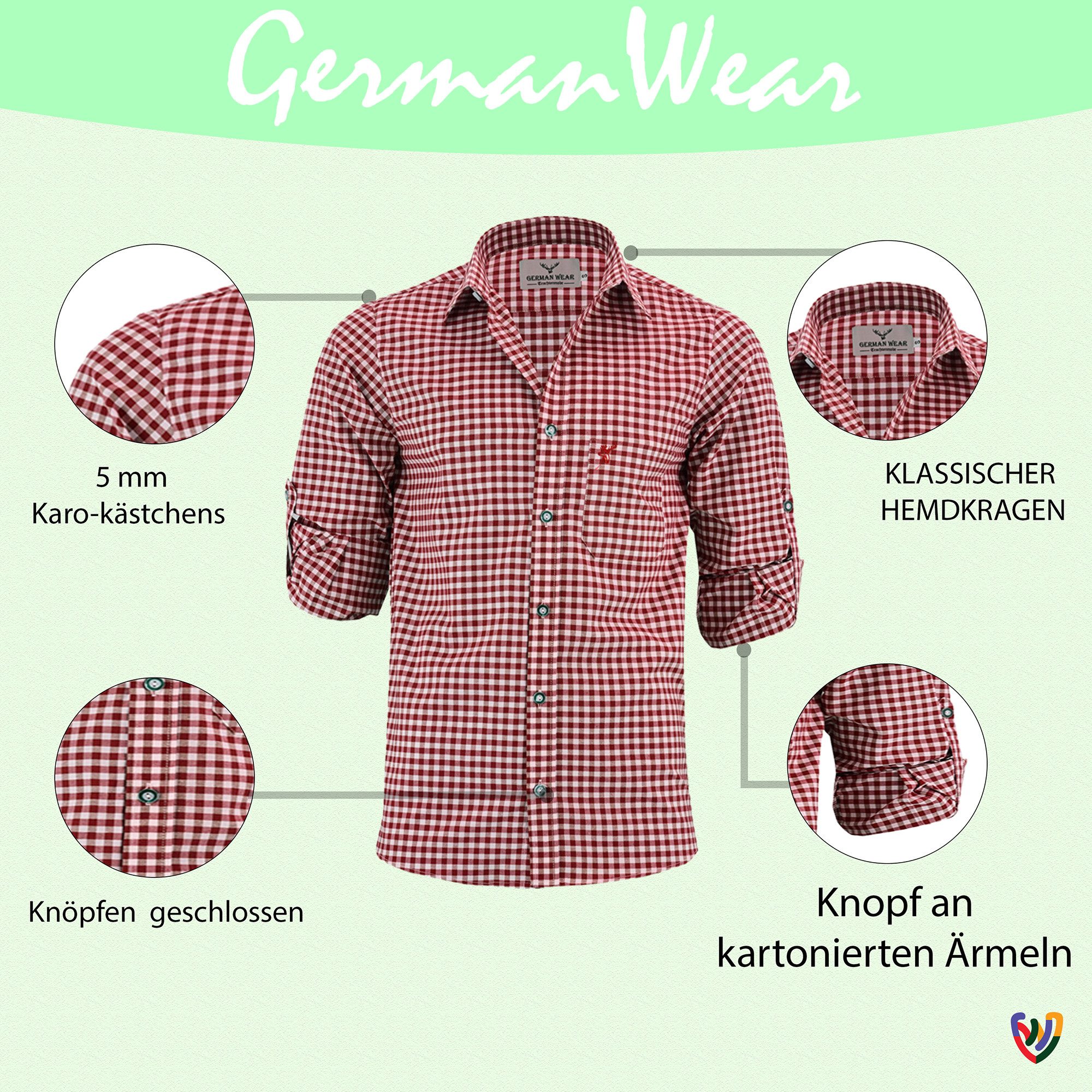 German Wear Trachtenhemd GW1202 Bayerisches Trachtenhemd Trachtenmode Beere Karo Hemd