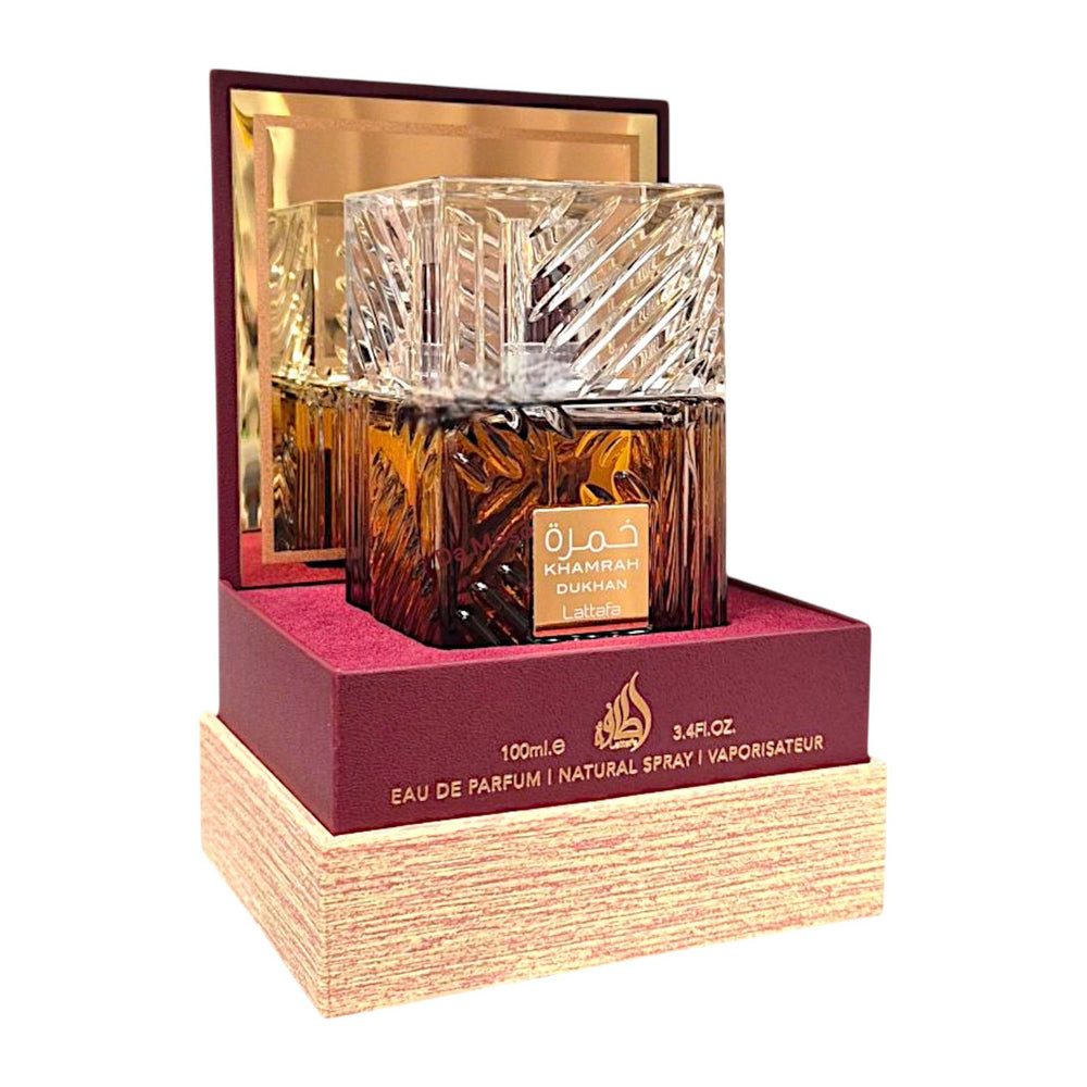 Lattafa Duft-Set Khamrah Dukhan Khamrah Qahwa EDP 100 ml + Parfümzerstäuber (leer) Set