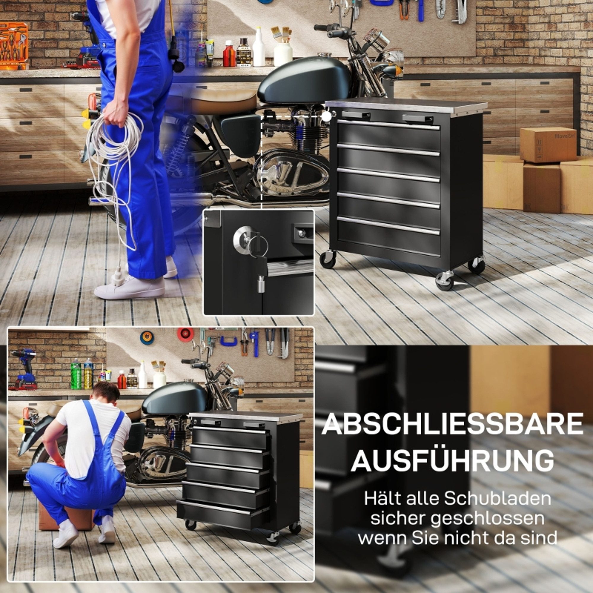 MC Star Werkzeugschrank mit 5 Schubladen, rollbare Werkzeugkiste, Werkzeugwagen aus Stahl (Silberton+Schwarz)