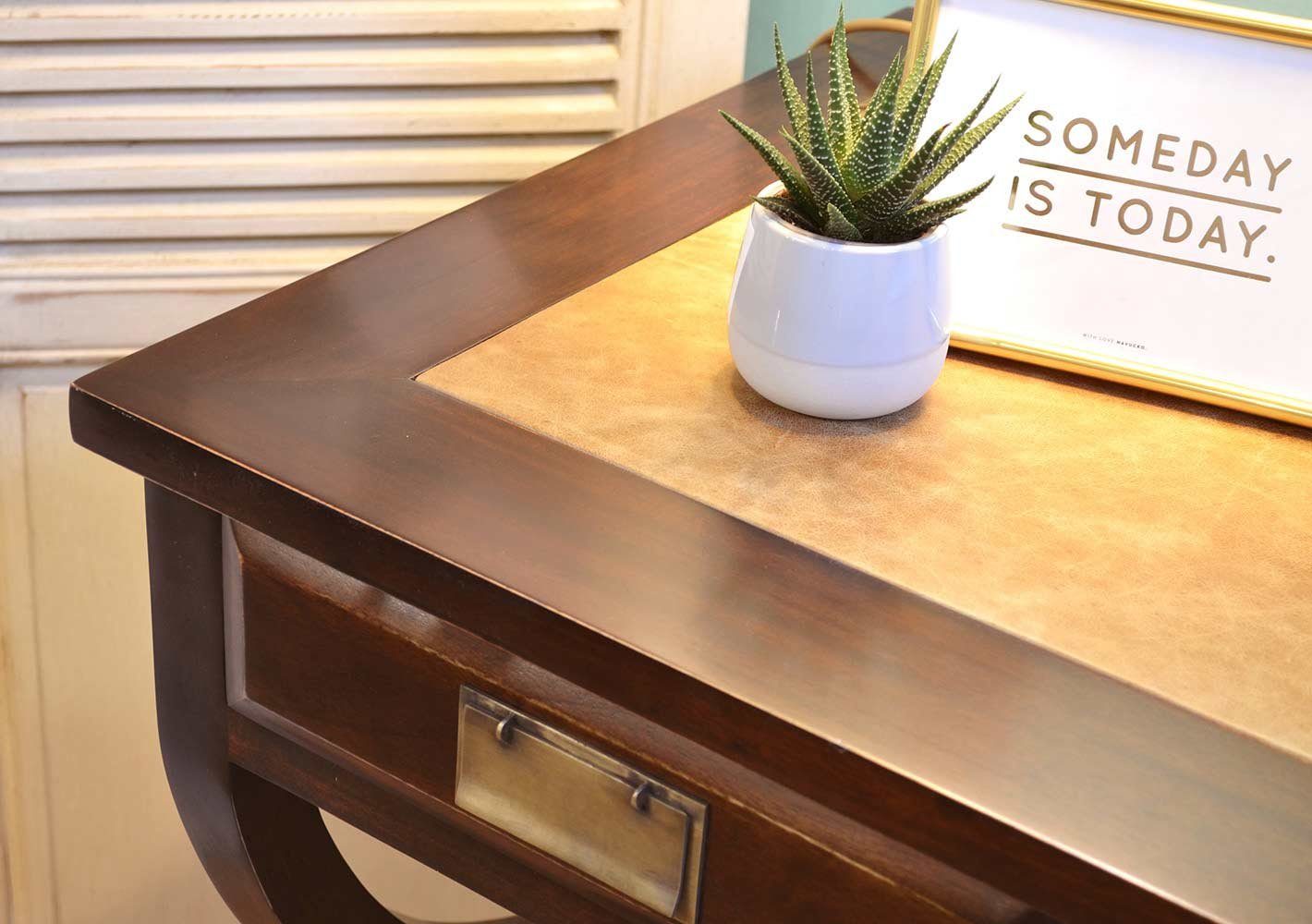 Kai Wiechmann Schreibtisch Asiatischer Schreibtisch braun, Sekretär, Bürotisch (drei Schubladen), 118x81x56 cm, extravagantes Design, Massivholz, Used Look