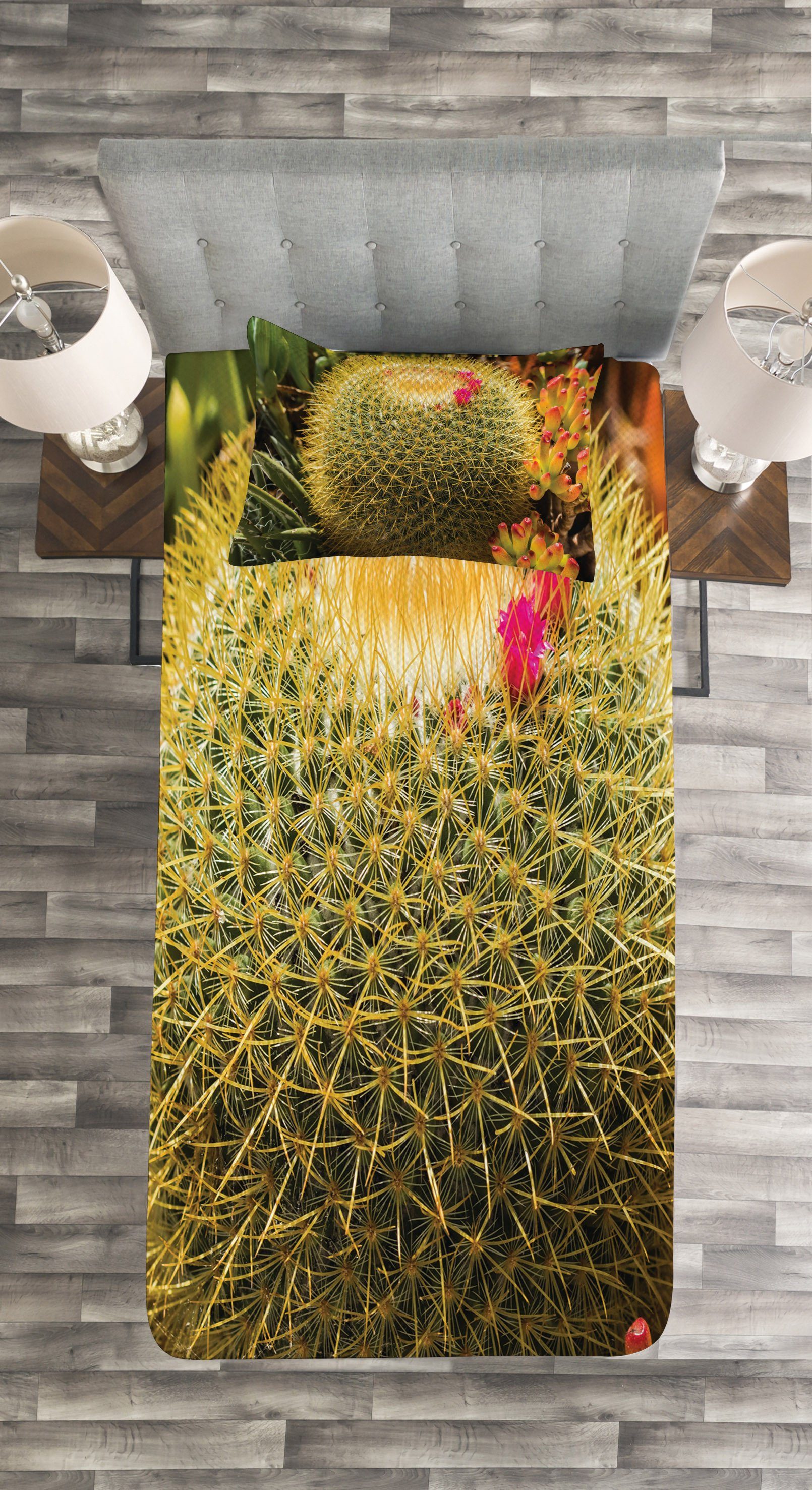 Tagesdecke Set mit Kissenbezügen Waschbar, mit Kaktus-Anlage Abakuhaus, Spikes Blume